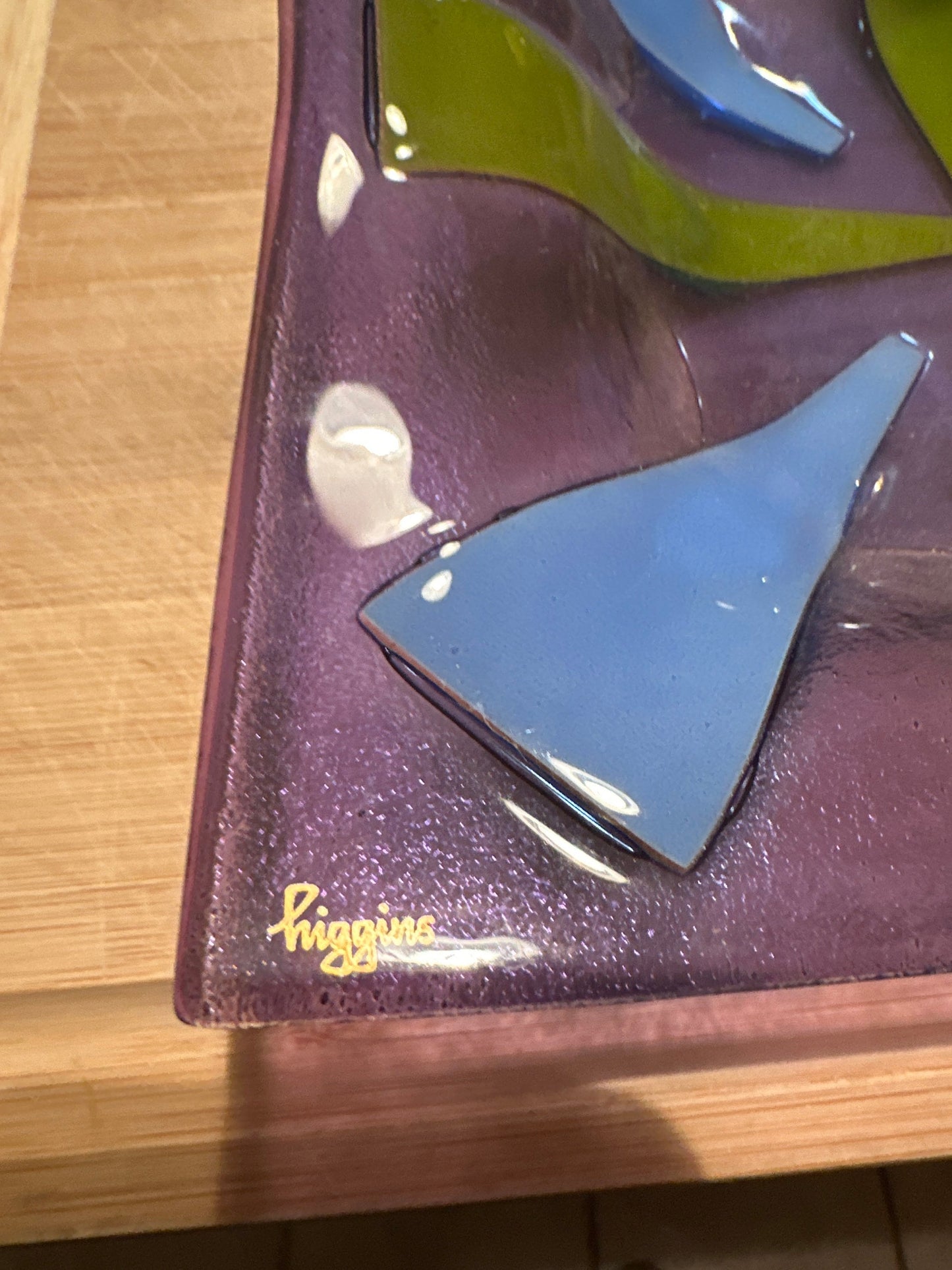 Vintage Higgins Glass Plate: Mid Century Modern Purple Green Sunburst Tray