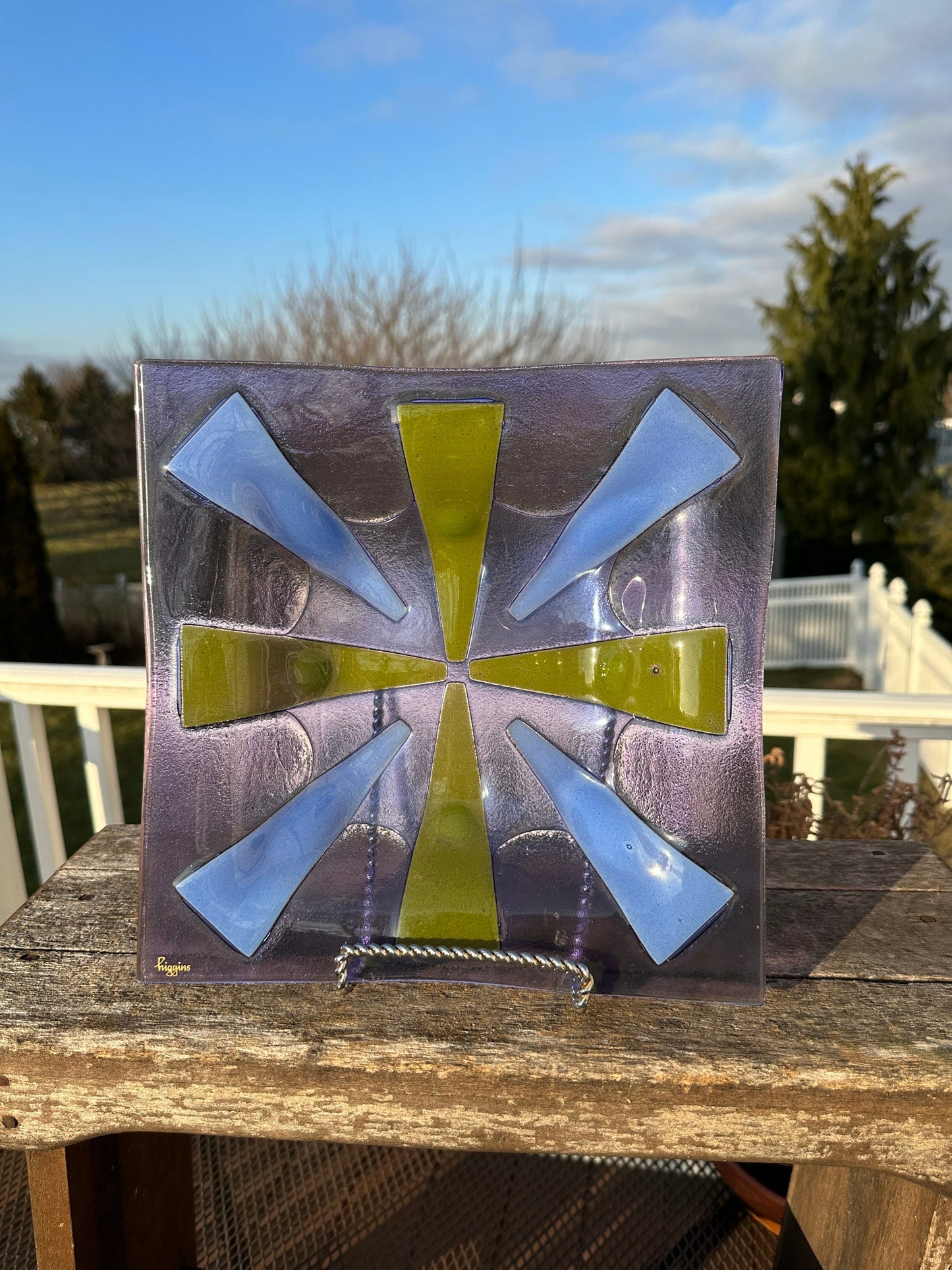 Vintage Higgins Glass Plate: Mid Century Modern Purple Green Sunburst Tray