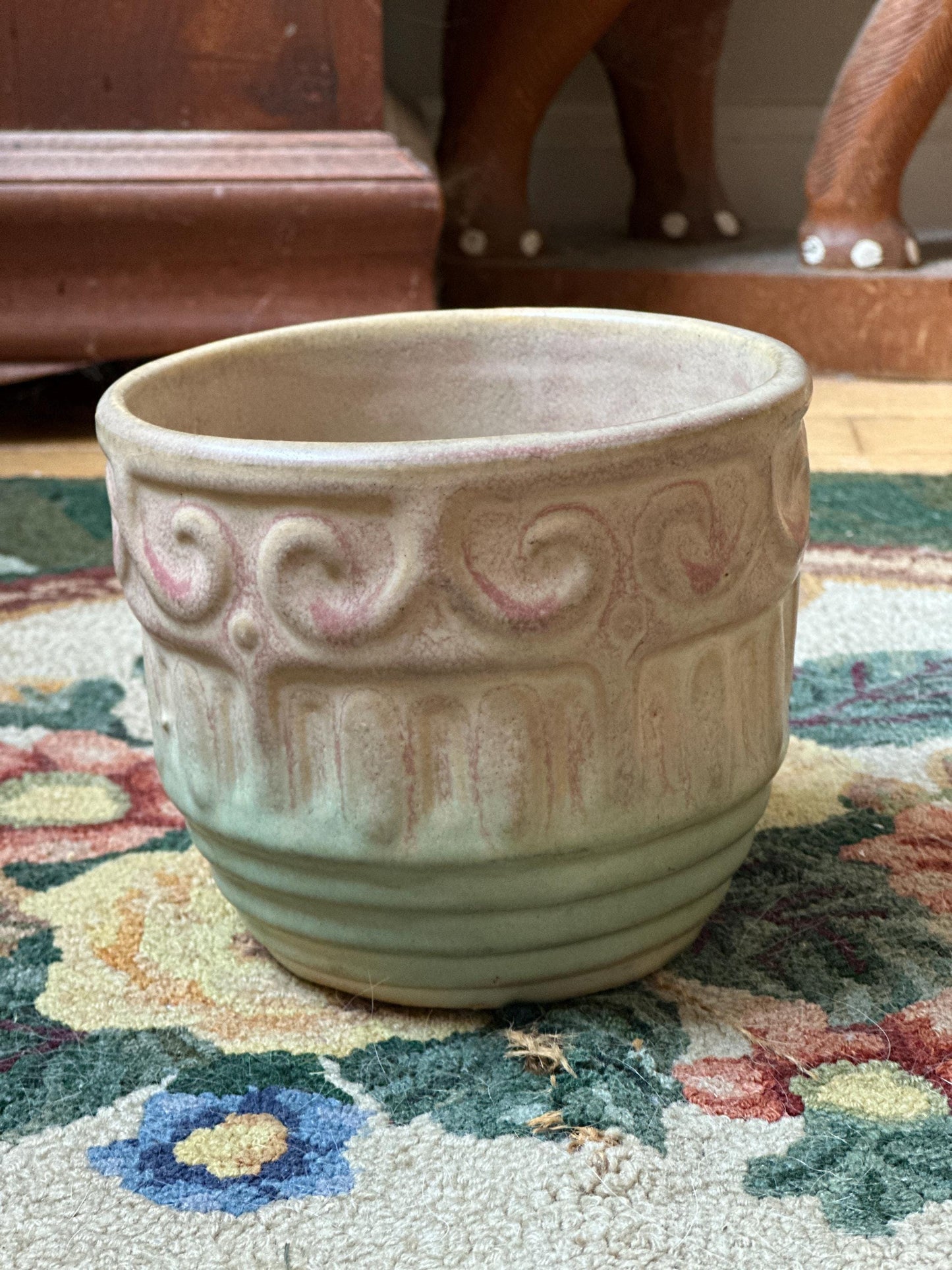 McCoy 6 1/4" Pottery Planter Jardinere Soft Pink Tan Green Early Shield 15 Mark