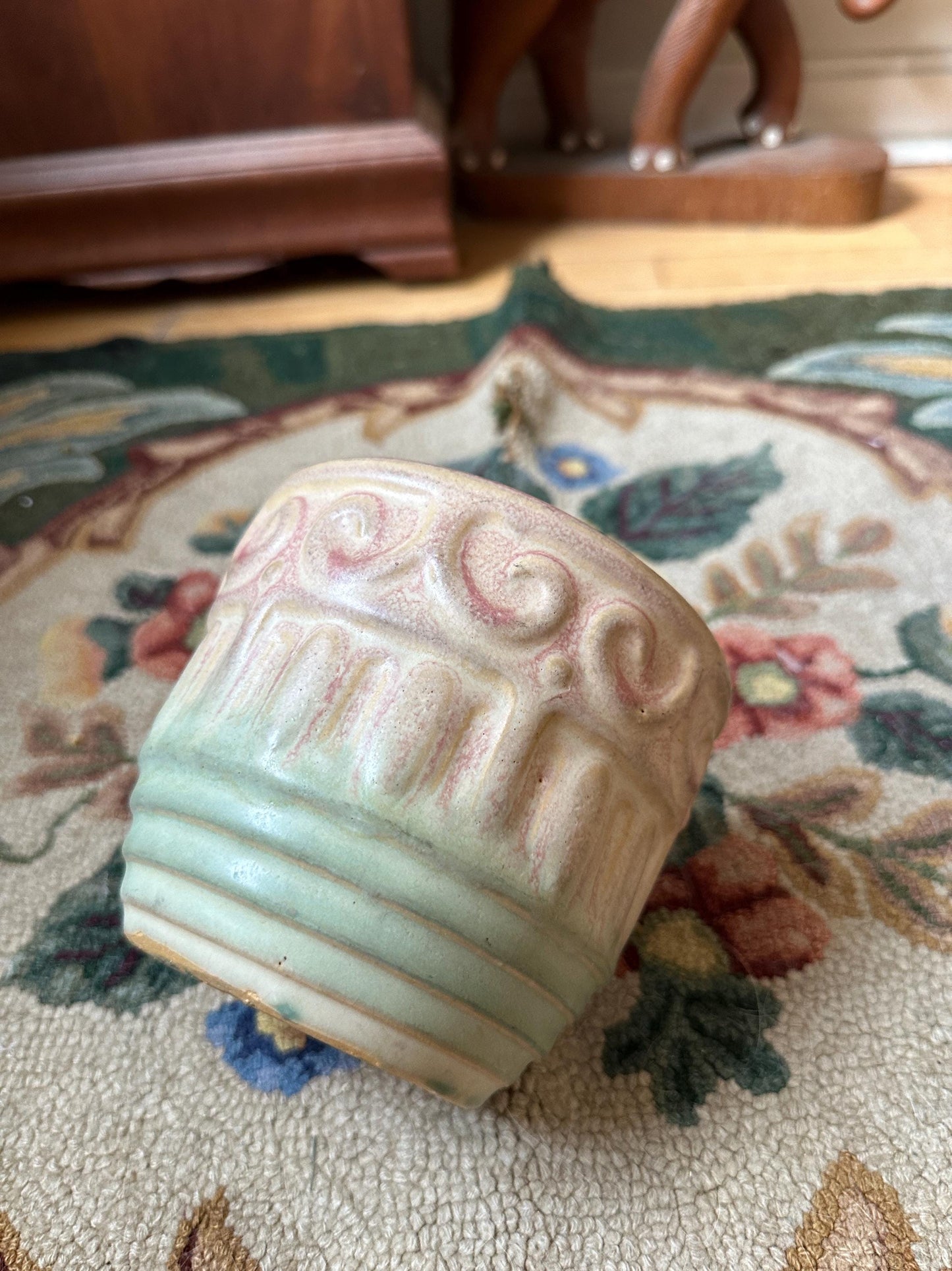 McCoy 6 1/4" Pottery Planter Jardinere Soft Pink Tan Green Early Shield 15 Mark