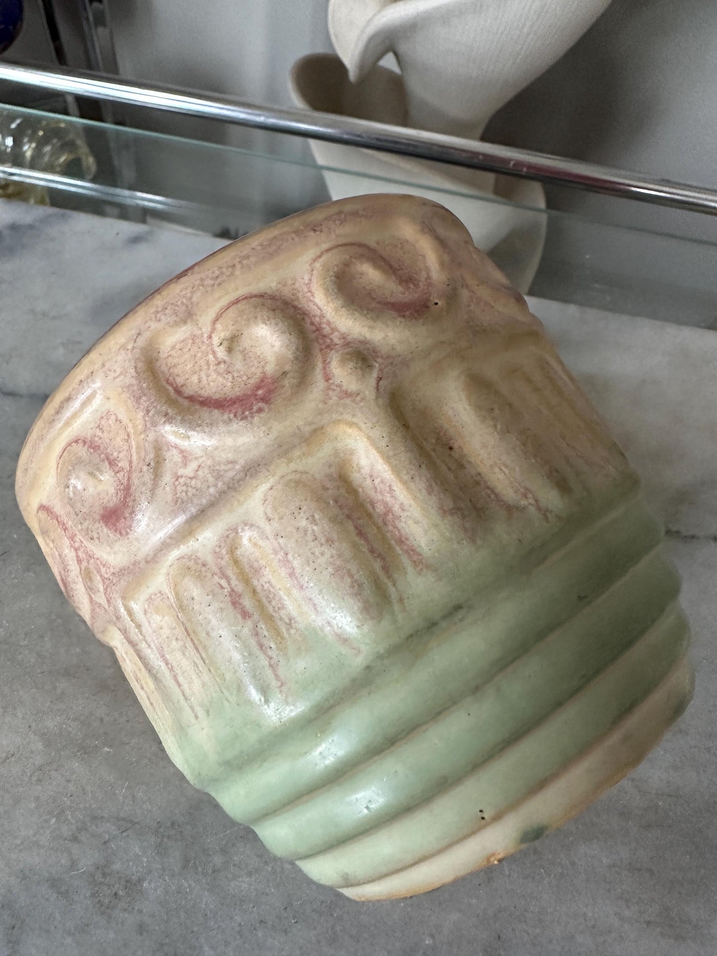 McCoy 6 1/4" Pottery Planter Jardinere Soft Pink Tan Green Early Shield 15 Mark