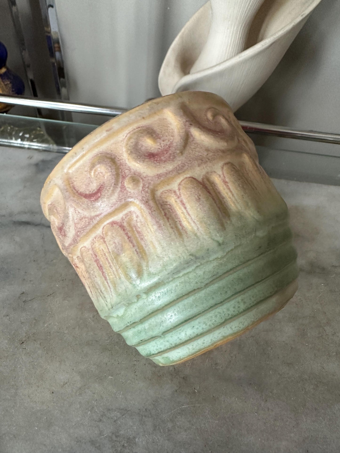 McCoy 6 1/4" Pottery Planter Jardinere Soft Pink Tan Green Early Shield 15 Mark