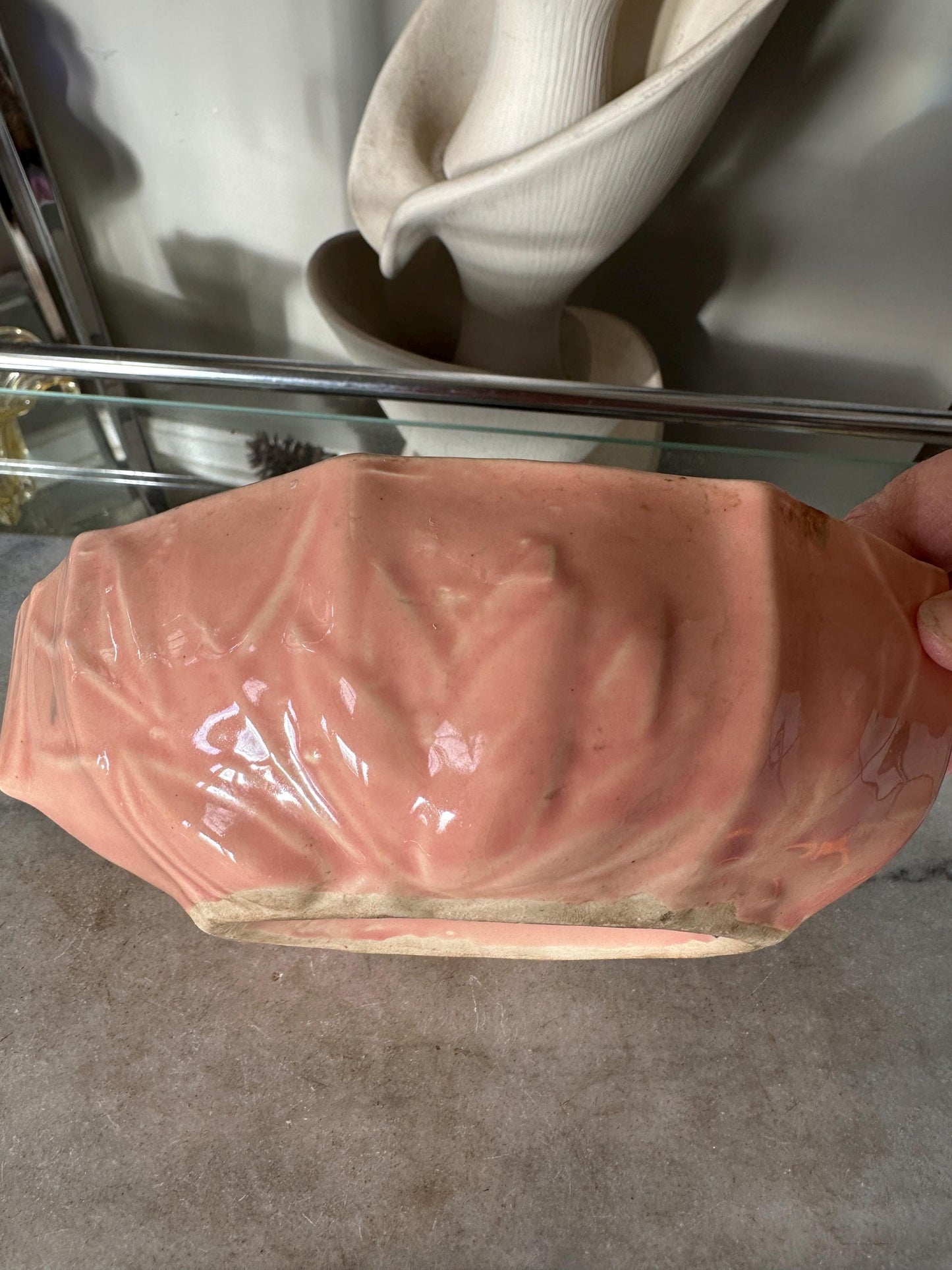 1940s Nelson McCoy Pottery Pink Lily Bud Console Bowl, Collectible Art Pottery, Indoor Planter