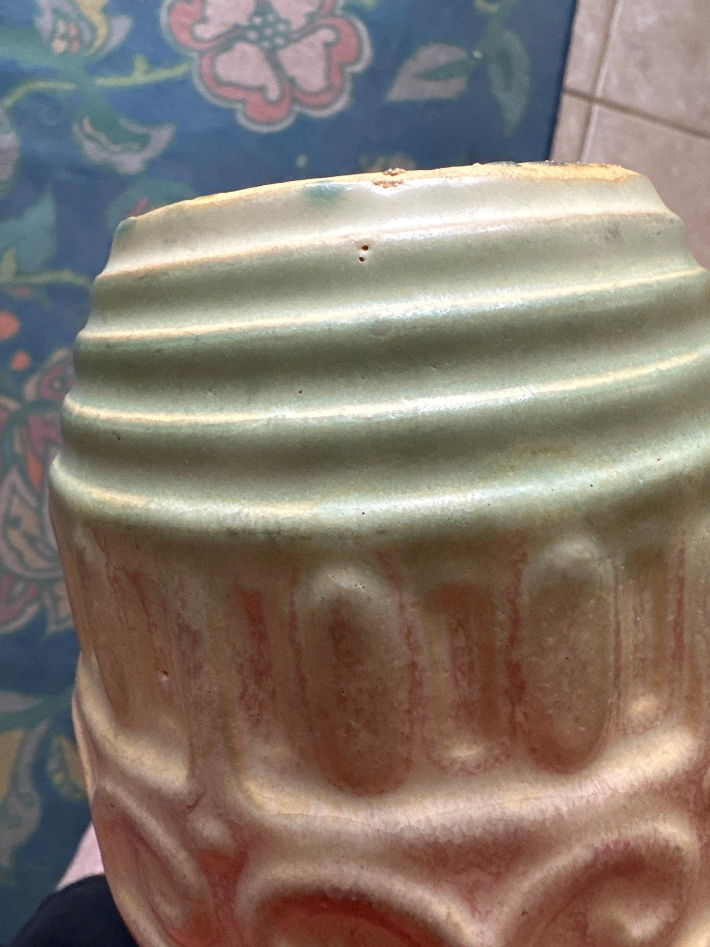 McCoy 6 1/4" Pottery Planter Jardinere Soft Pink Tan Green Early Shield 15 Mark