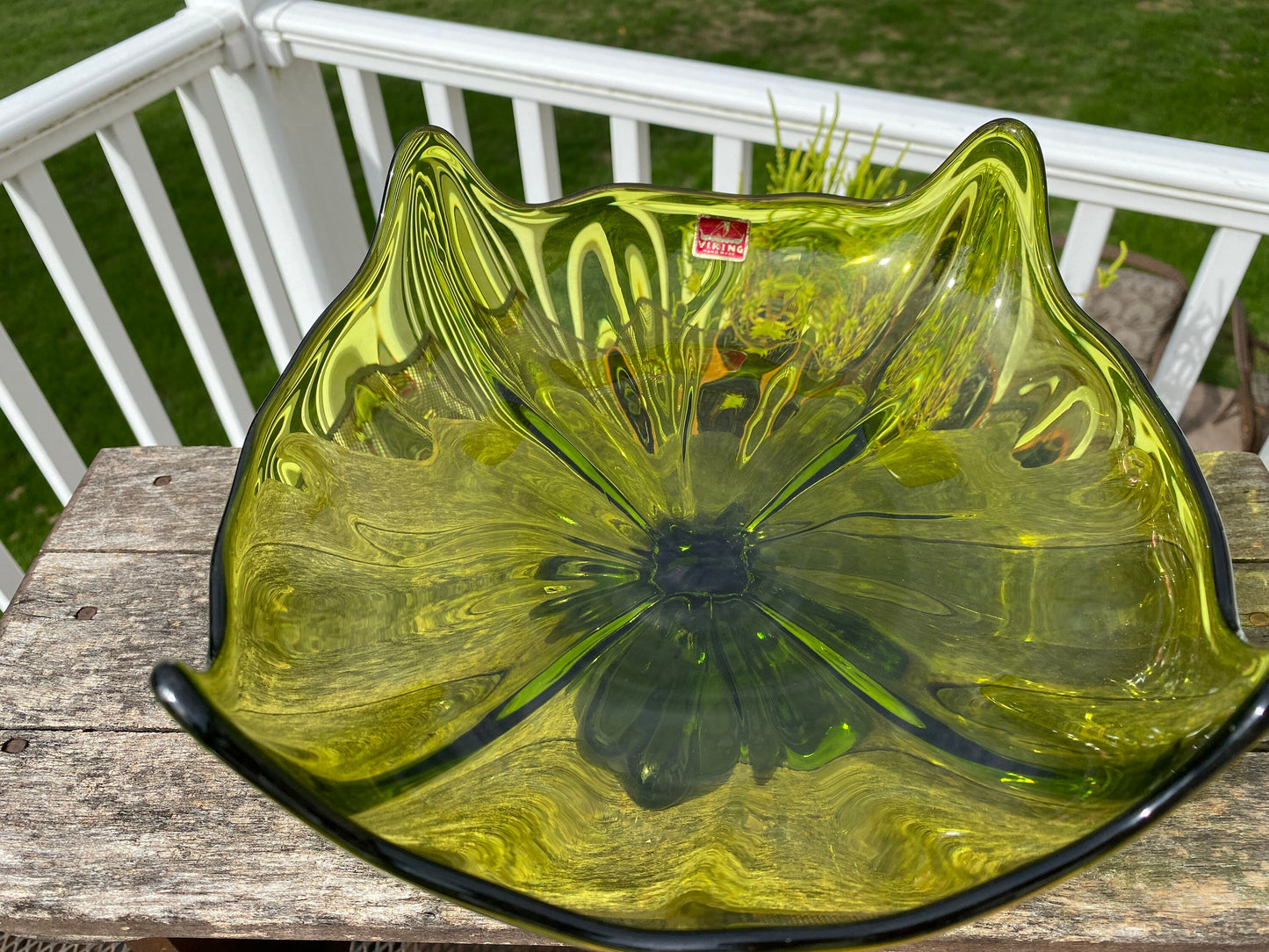 Vintage Viking Glass Co Green Footed Pedistal Centerpiece Compote | Viking “Cat Face” Pedestal Bowl