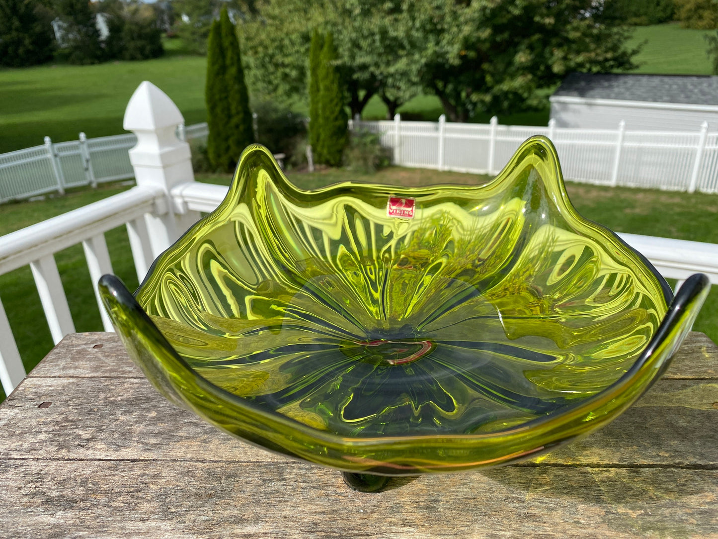 Vintage Viking Glass Co Green Footed Pedistal Centerpiece Compote | Viking “Cat Face” Pedestal Bowl