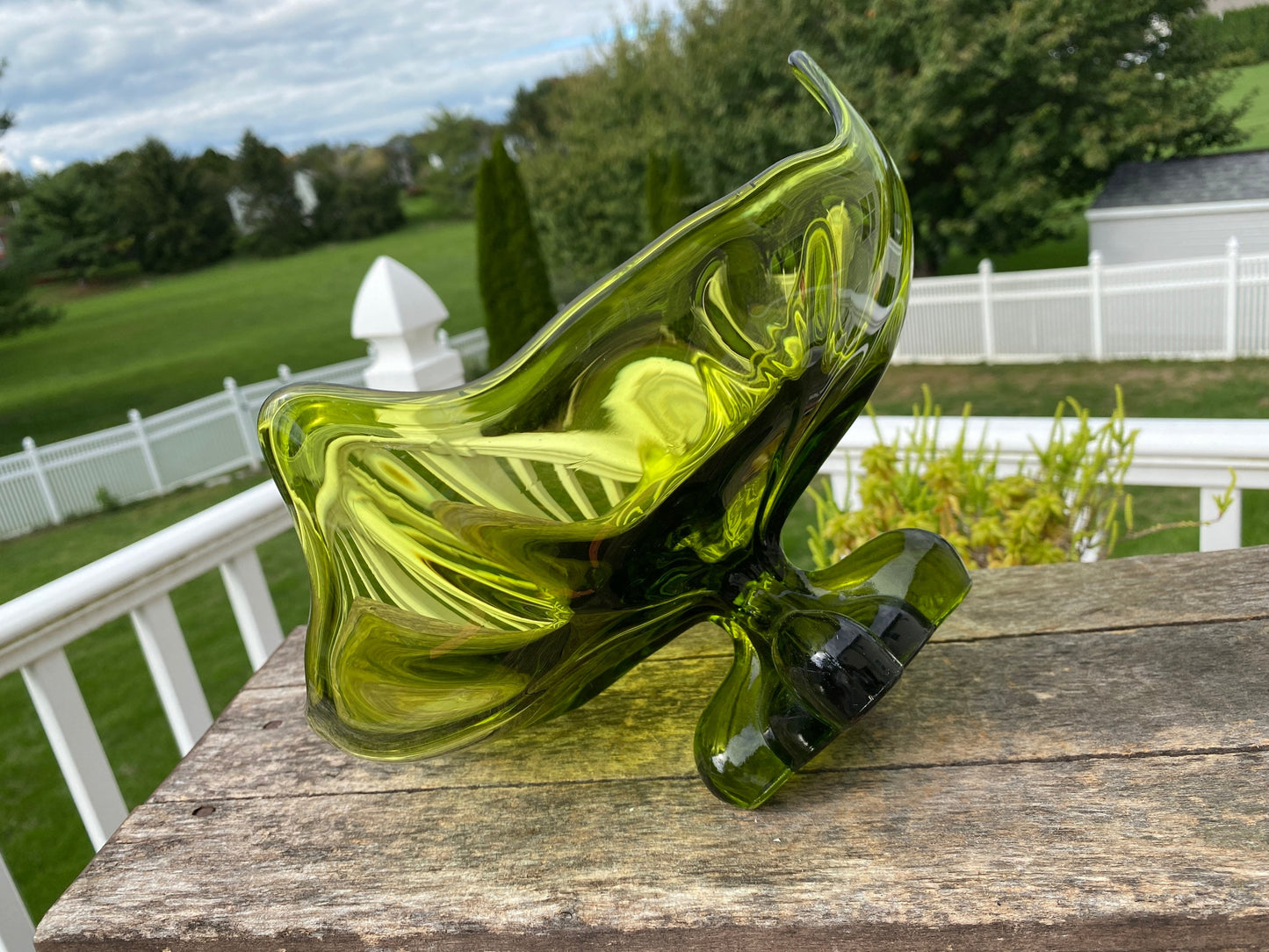 Vintage Viking Glass Co Green Footed Pedistal Centerpiece Compote | Viking “Cat Face” Pedestal Bowl