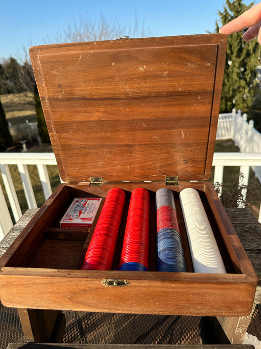 Vintage Poker Chip Set, Box Manufactured by H. Willett, Walnut MCM box, Some clay chips