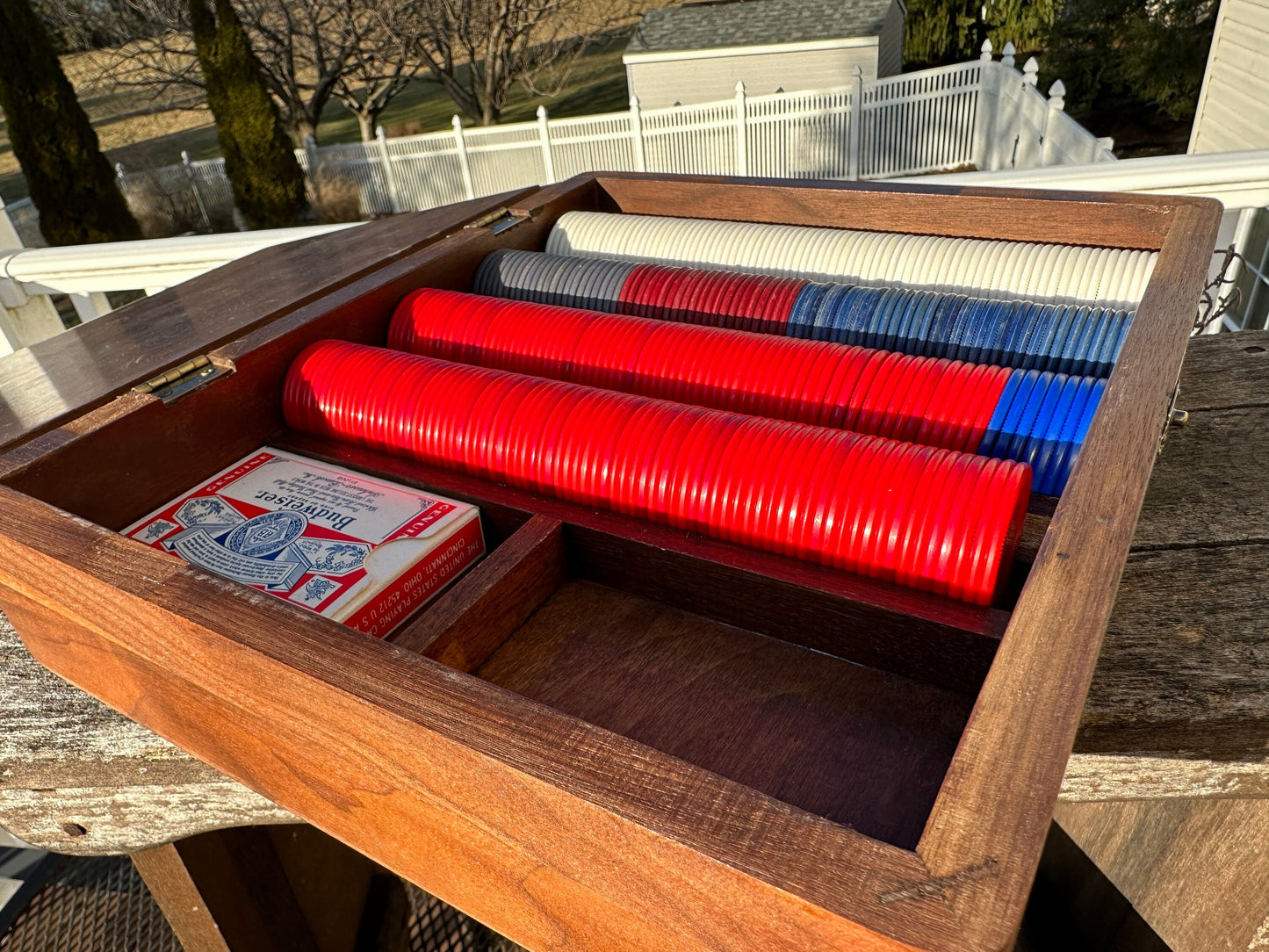 Vintage Poker Chip Set, Box Manufactured by H. Willett, Walnut MCM box, Some clay chips