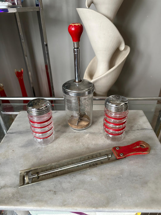 Vintage Red Kitchenware Set: Shakers, Chopper & Candy Thermometer
