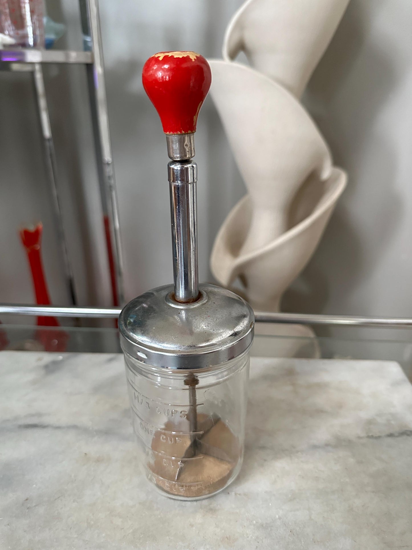 Vintage Red Kitchenware Set: Shakers, Chopper & Candy Thermometer