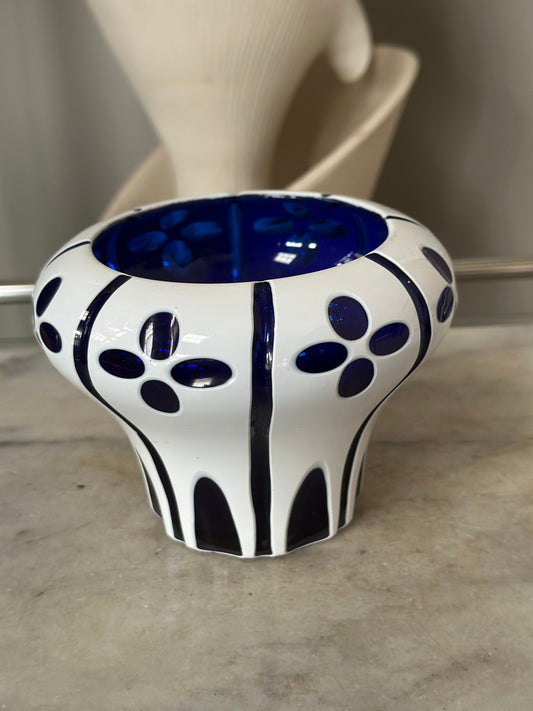 1920s Art Deco Cobalt Art Glass Vase: Floral Enamel Overlay