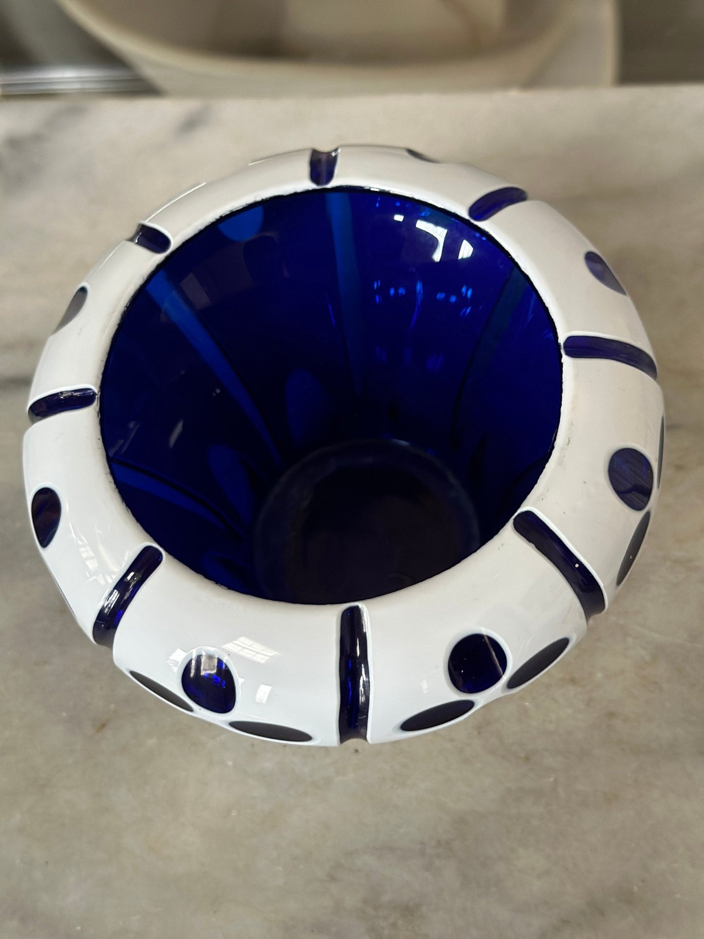 1920s Art Deco Cobalt Art Glass Vase: Floral Enamel Overlay
