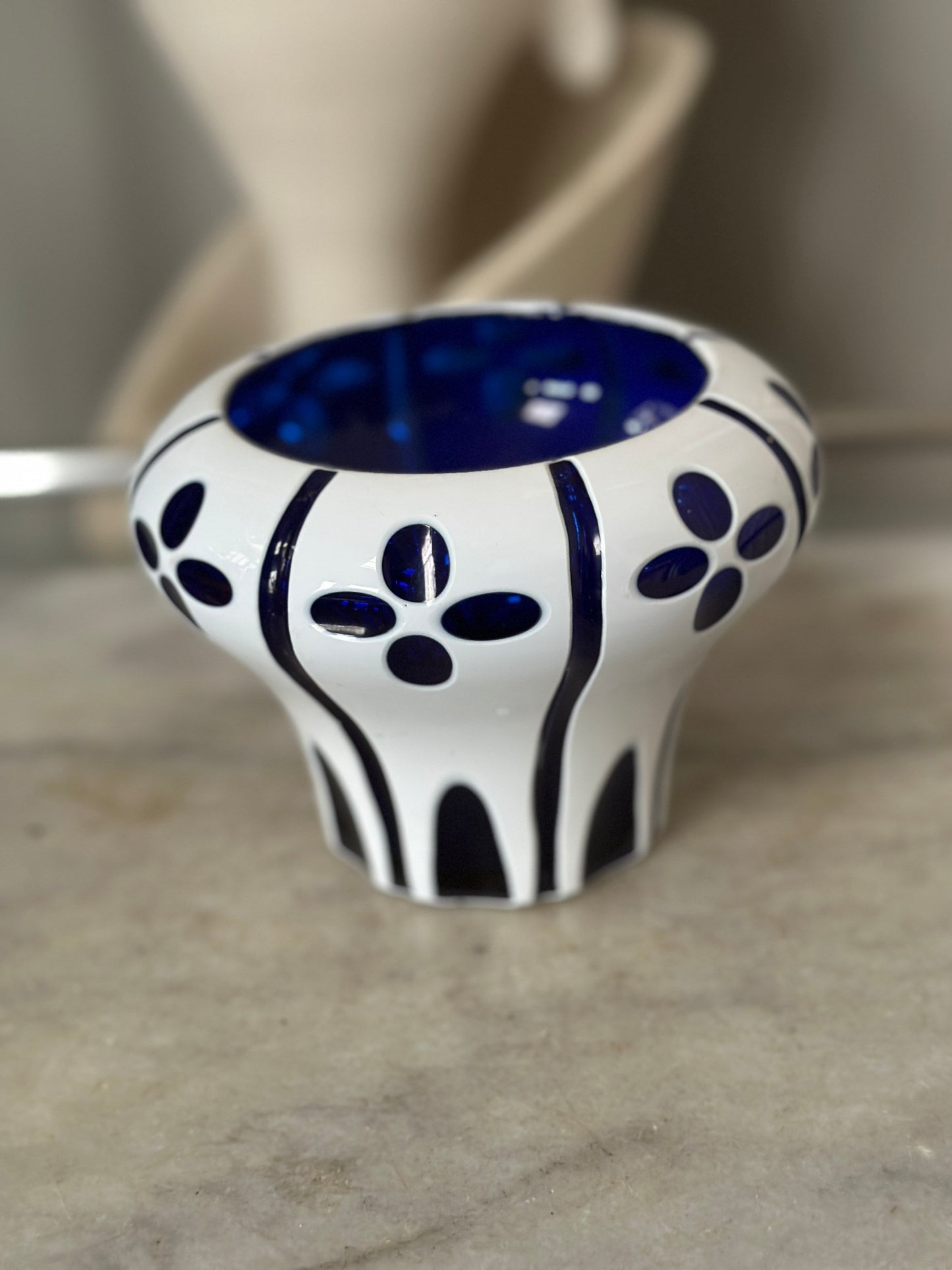 1920s Art Deco Cobalt Art Glass Vase: Floral Enamel Overlay