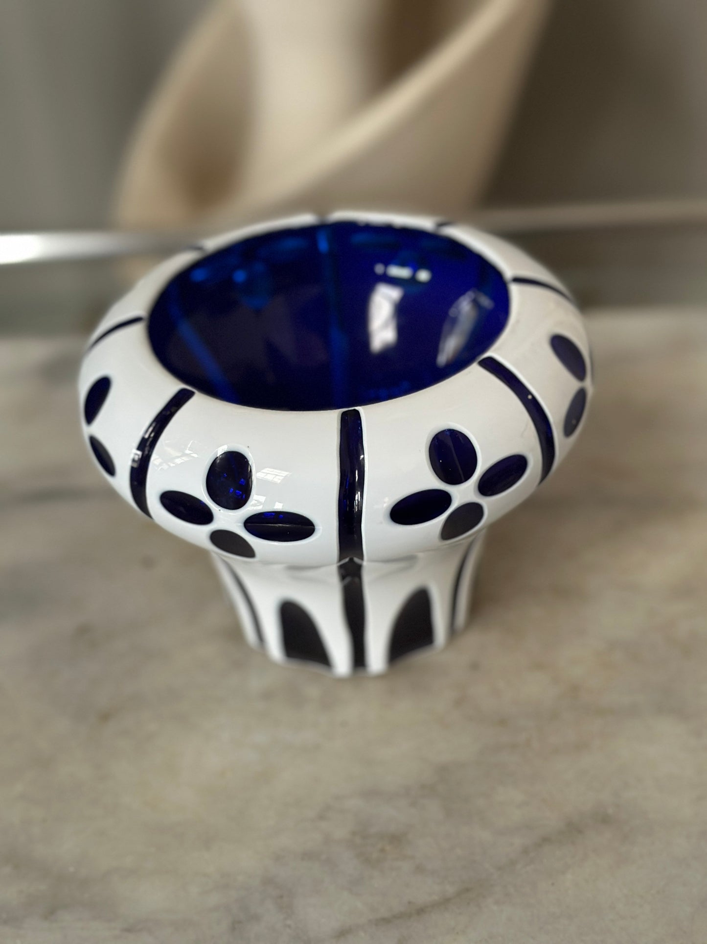 1920s Art Deco Cobalt Art Glass Vase: Floral Enamel Overlay