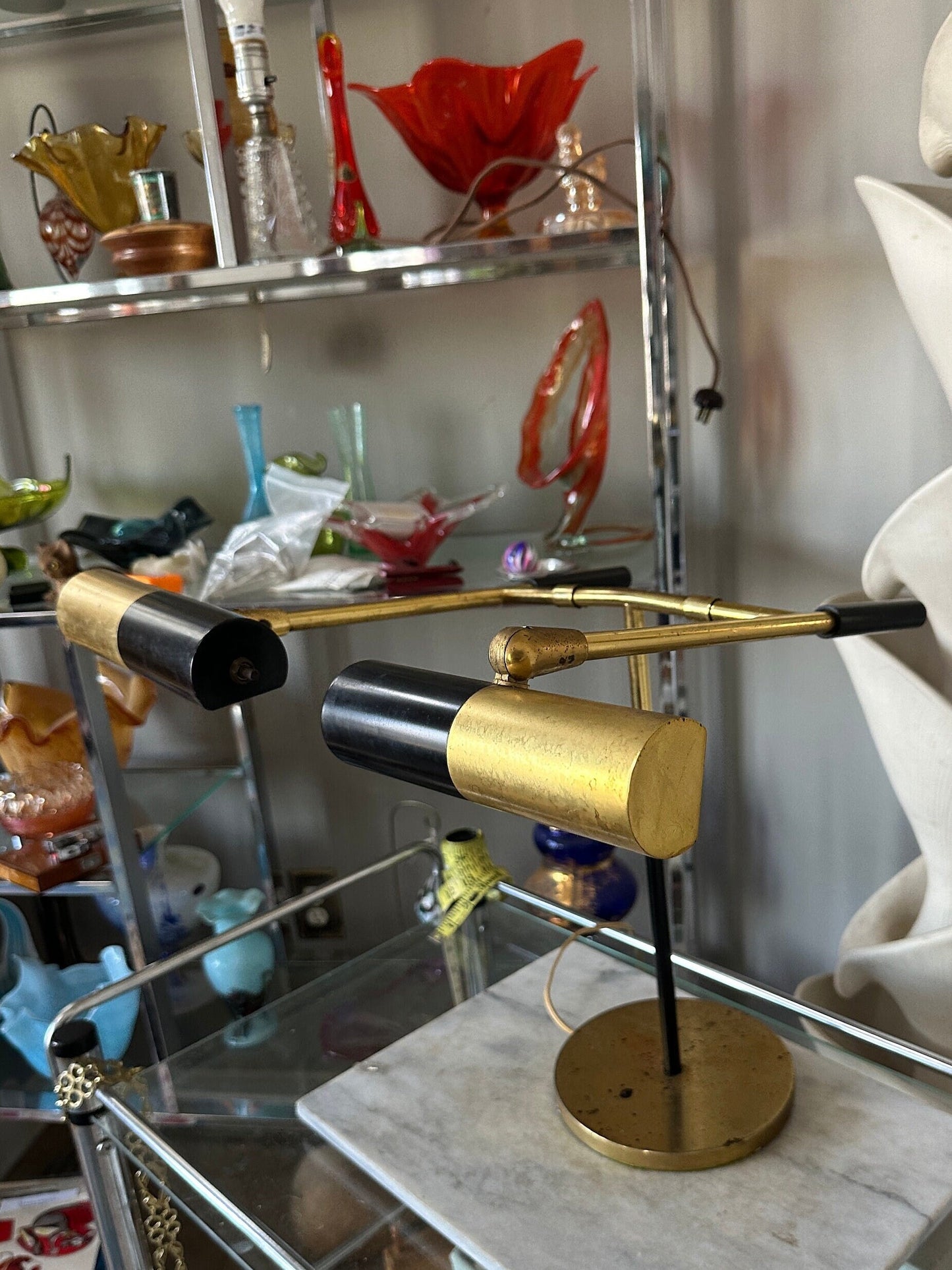 MCM Articulating Brass Desk Lamp: Koch & Lowy Style, Black Shade