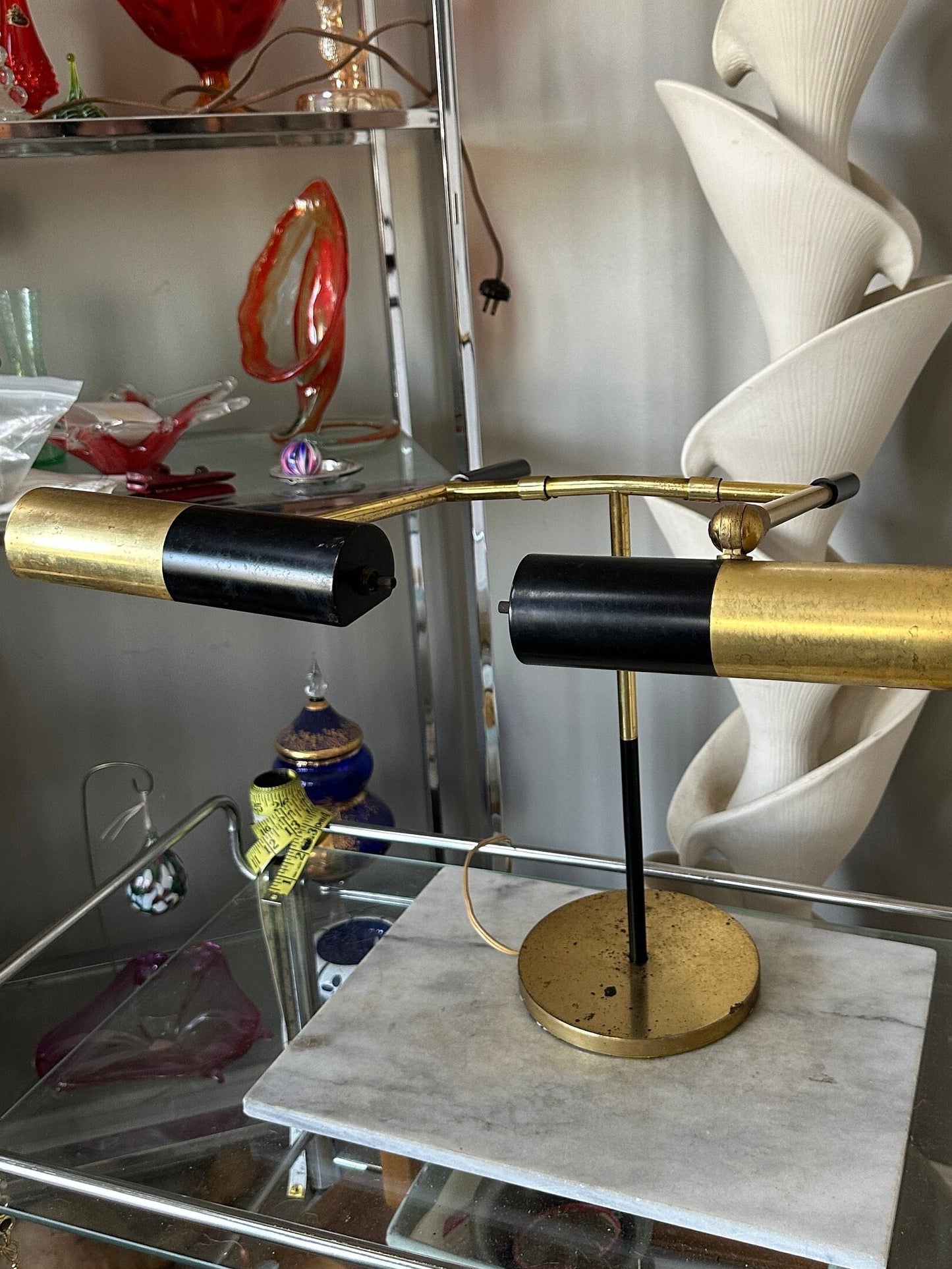 MCM Articulating Brass Desk Lamp: Koch & Lowy Style, Black Shade