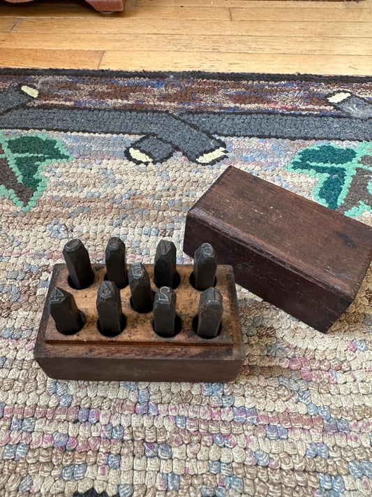 Antique Steel Number Stamp Set in Dovetailed Wood Case