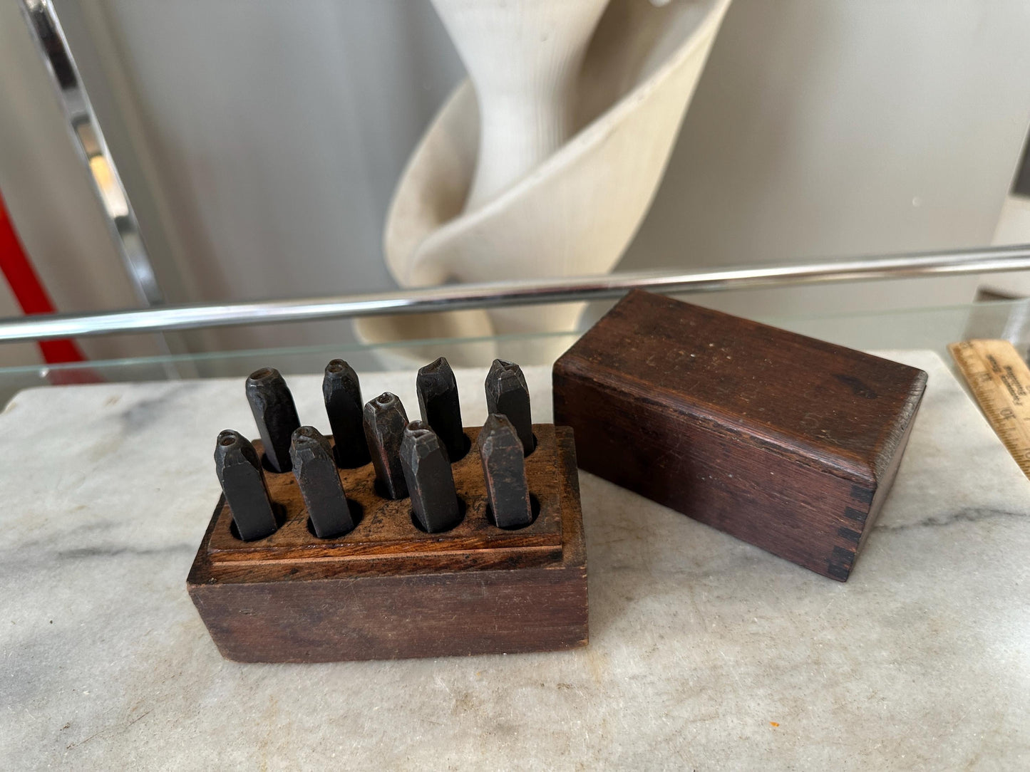 Antique Steel Number Stamp Set in Dovetailed Wood Case