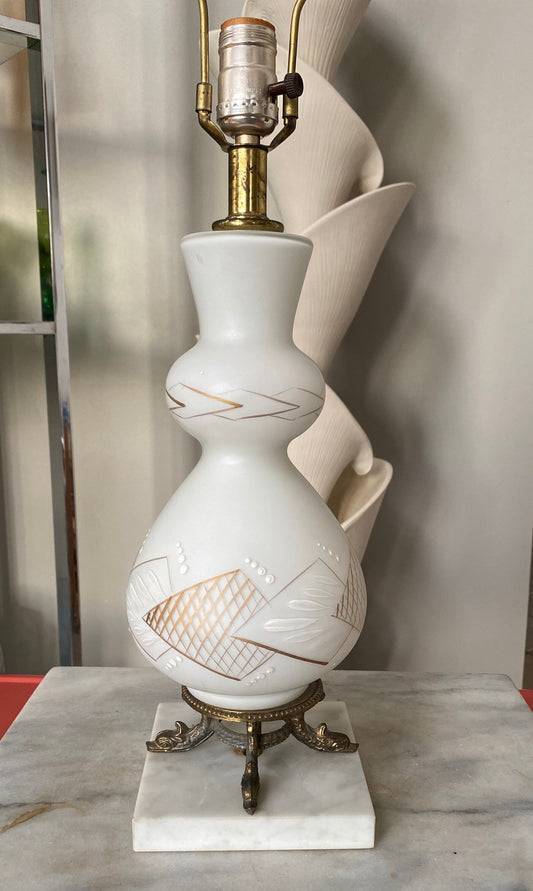Vintage Frosted White Glass Table Lamp | Gold MCM Design, Brass Fish Base