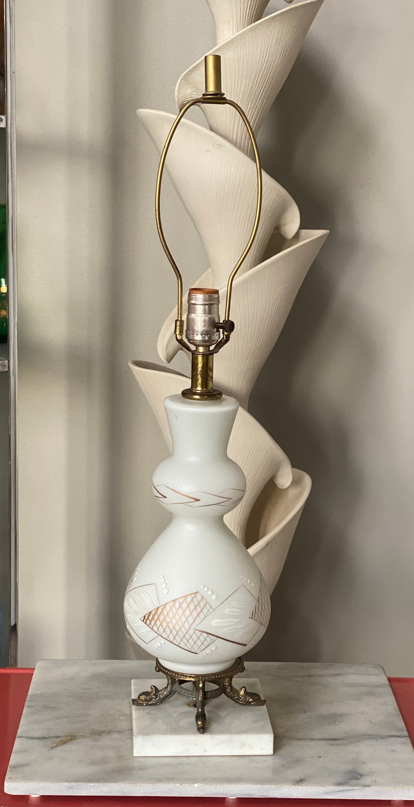 Vintage Frosted White Glass Table Lamp | Gold MCM Design, Brass Fish Base