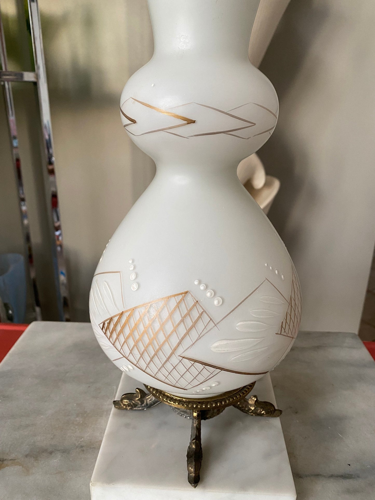 Vintage Frosted White Glass Table Lamp | Gold MCM Design, Brass Fish Base