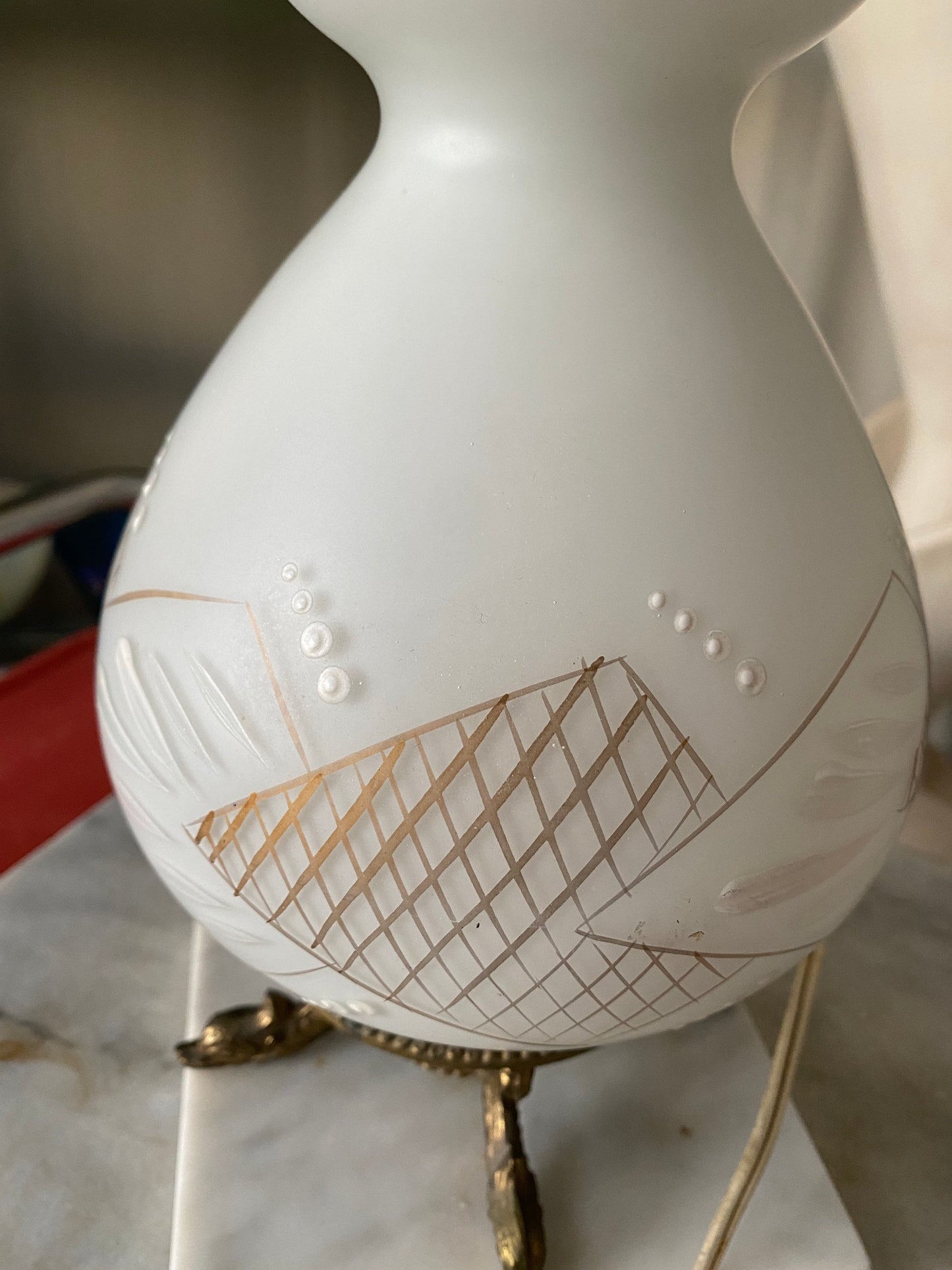 Vintage Frosted White Glass Table Lamp | Gold MCM Design, Brass Fish Base