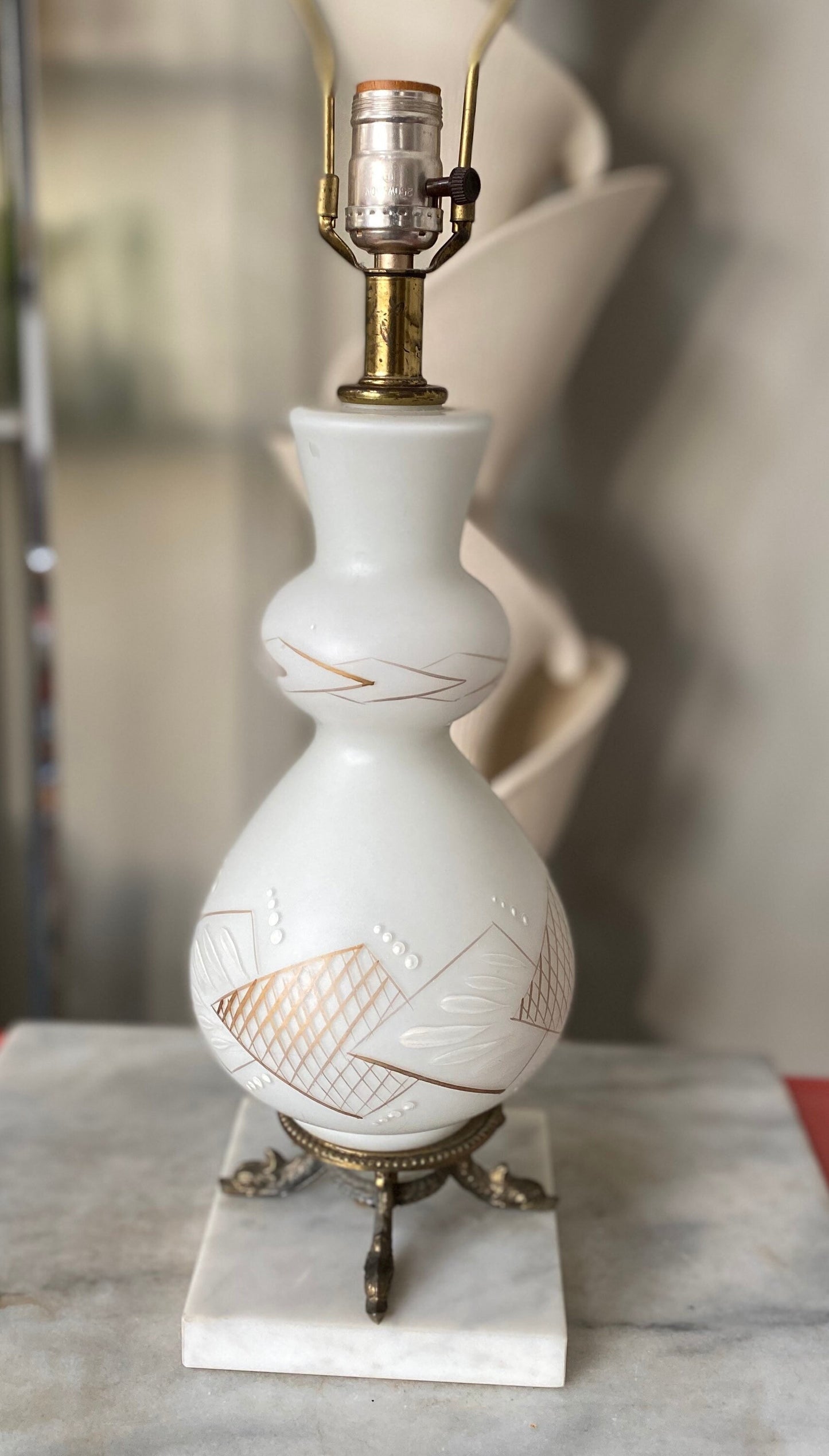 Vintage Frosted White Glass Table Lamp | Gold MCM Design, Brass Fish Base