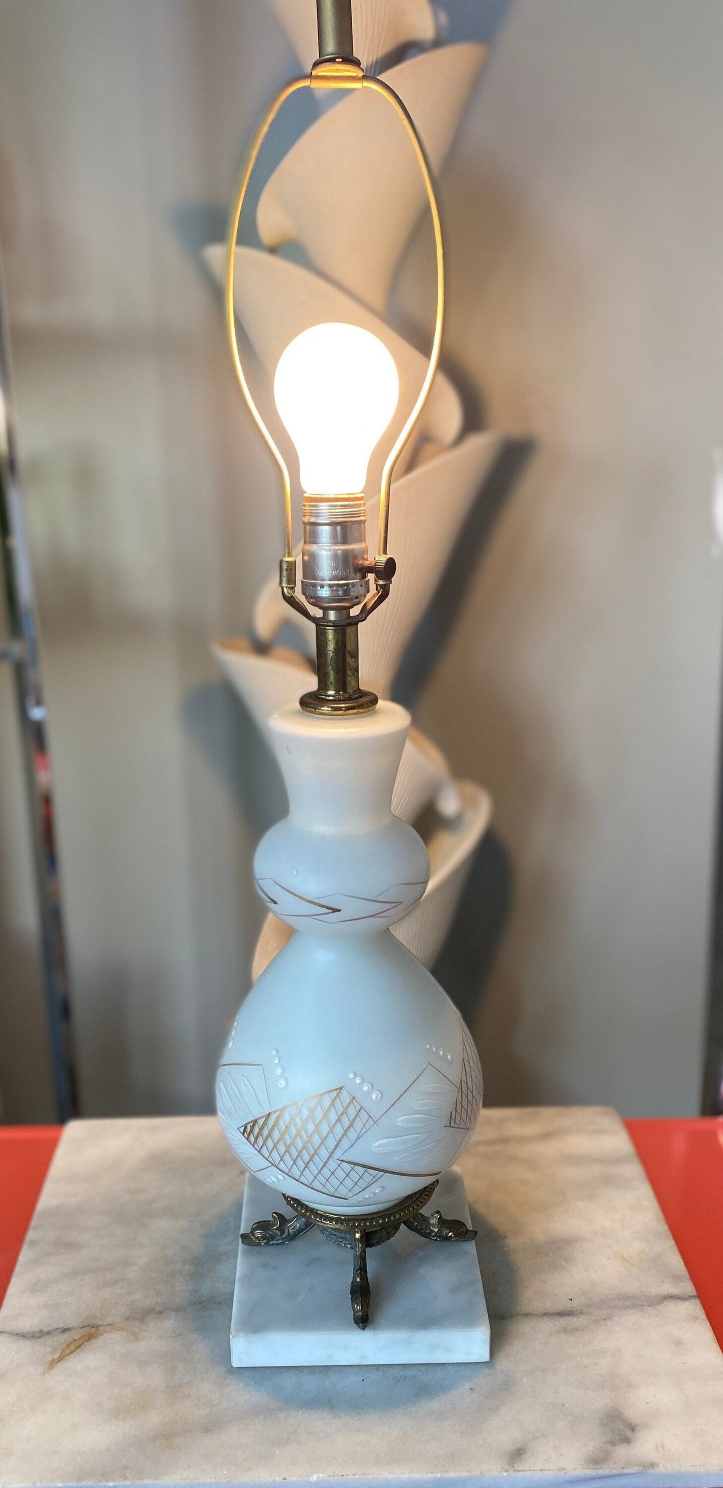 Vintage Frosted White Glass Table Lamp | Gold MCM Design, Brass Fish Base