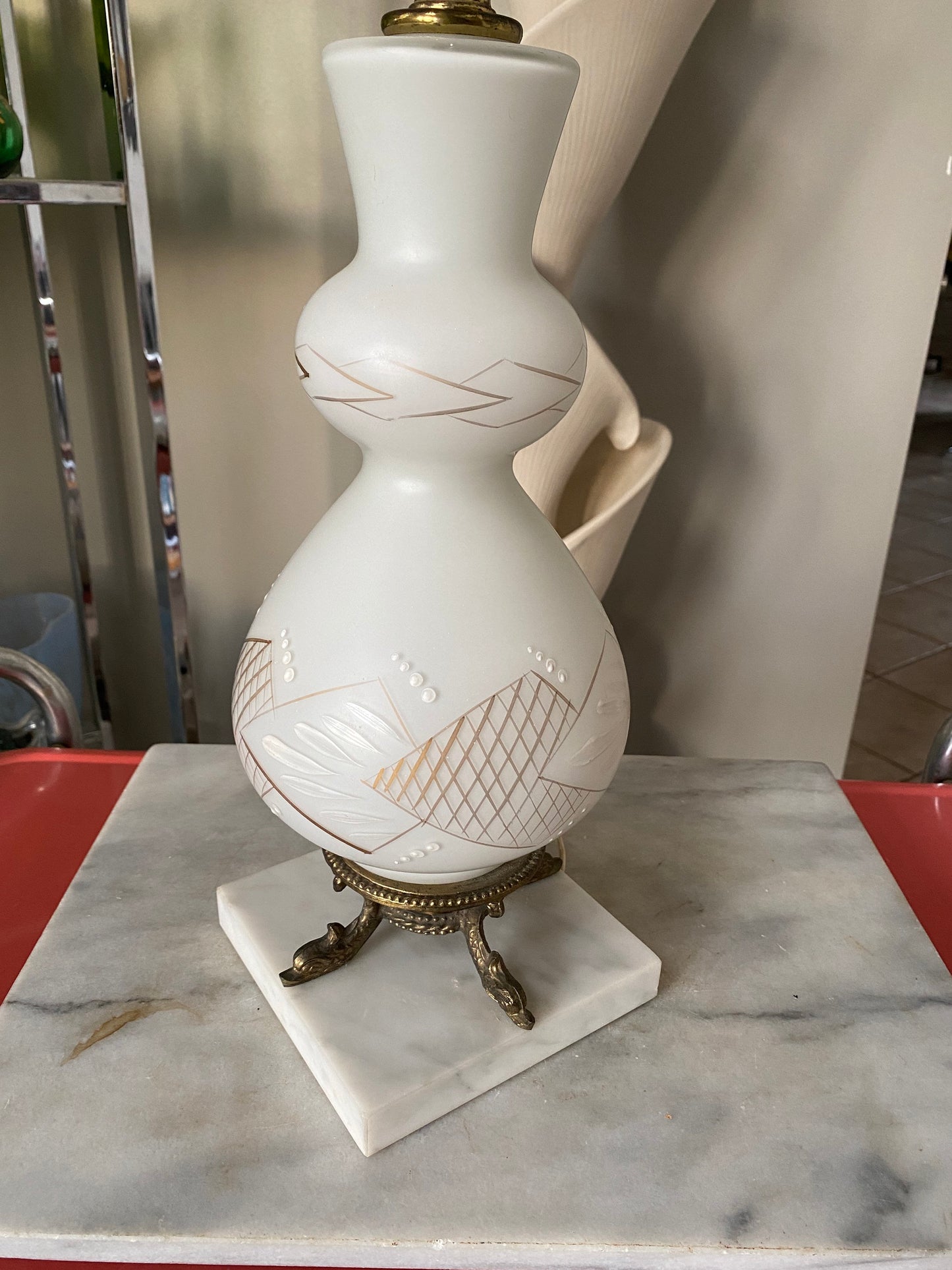 Vintage Frosted White Glass Table Lamp | Gold MCM Design, Brass Fish Base