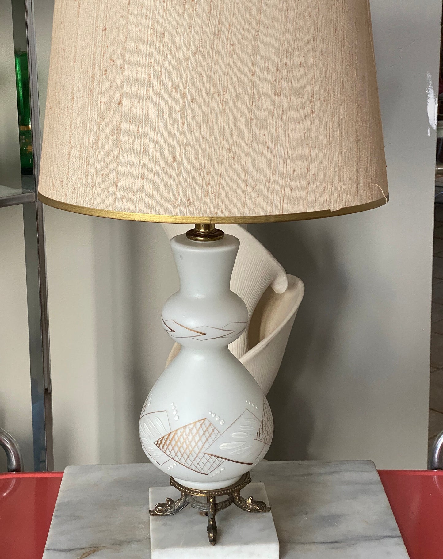 Vintage Frosted White Glass Table Lamp | Gold MCM Design, Brass Fish Base