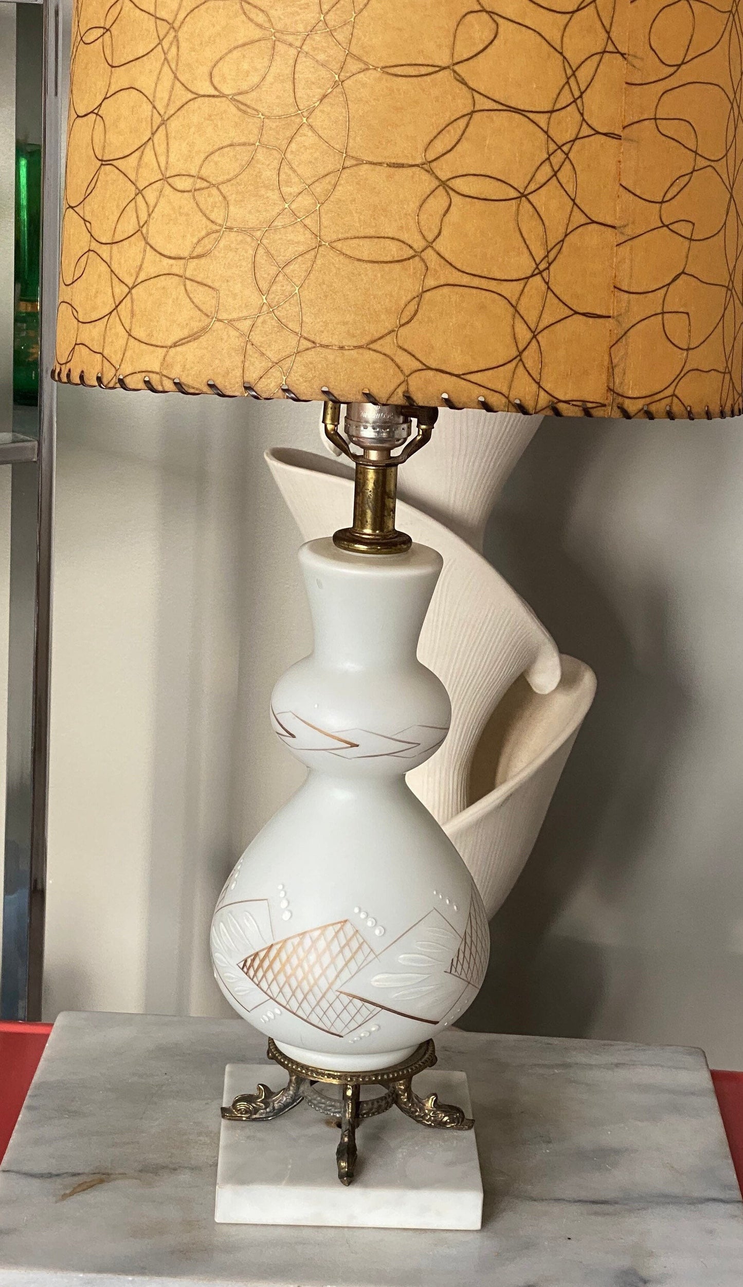 Vintage Frosted White Glass Table Lamp | Gold MCM Design, Brass Fish Base