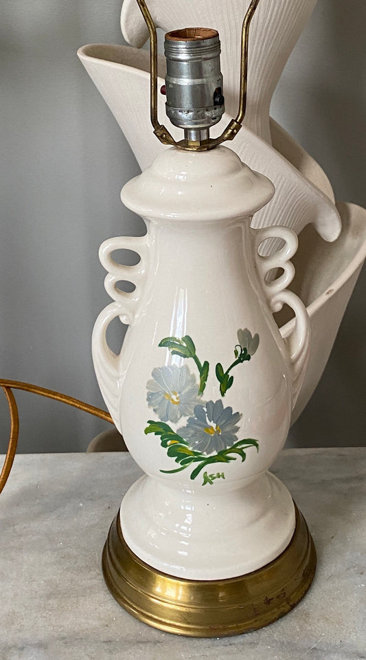 Vintage hand Painted Porcelain Urn Lamp - Blue Flowers - Mid Century Decor, MCM, Art Deco, Great Color and Style!!