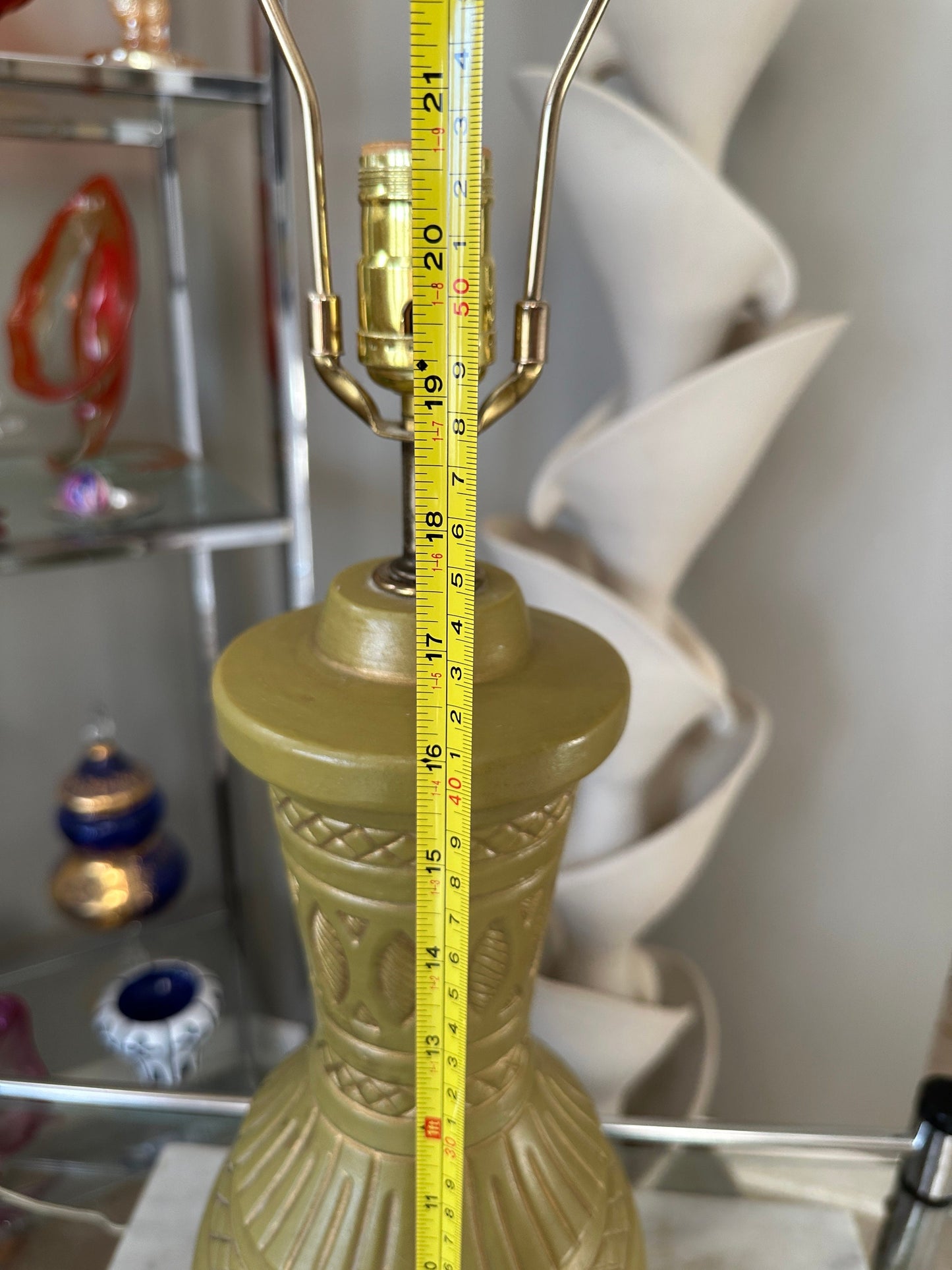 Mid Century Green and Gold Table Lamp | Blowmold 9lastic with Textired Design | Tall MCM Vintage Original