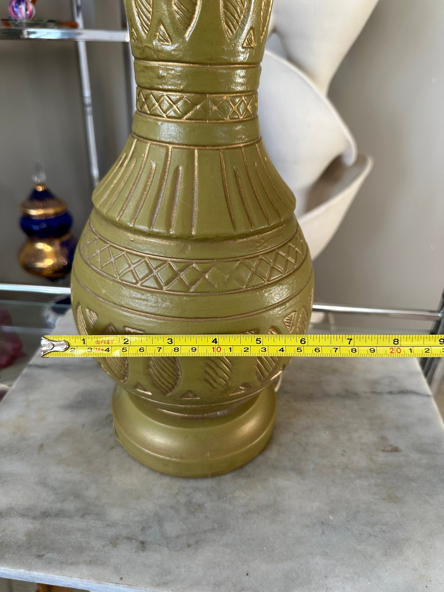 Mid Century Green and Gold Table Lamp | Blowmold 9lastic with Textired Design | Tall MCM Vintage Original