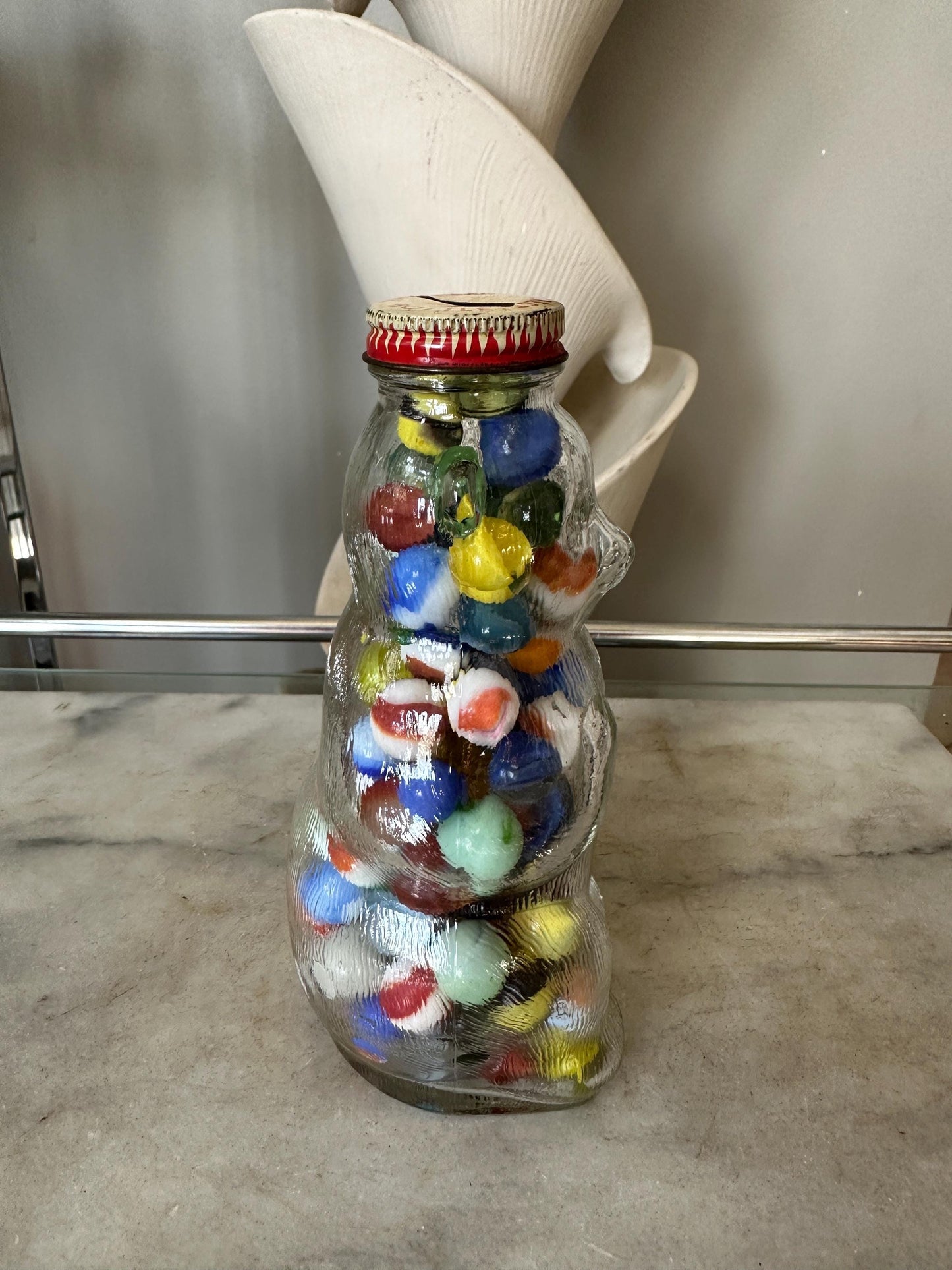 Vintage Snow Crest Bear Bottle Bank with Marbles – Salem, MA