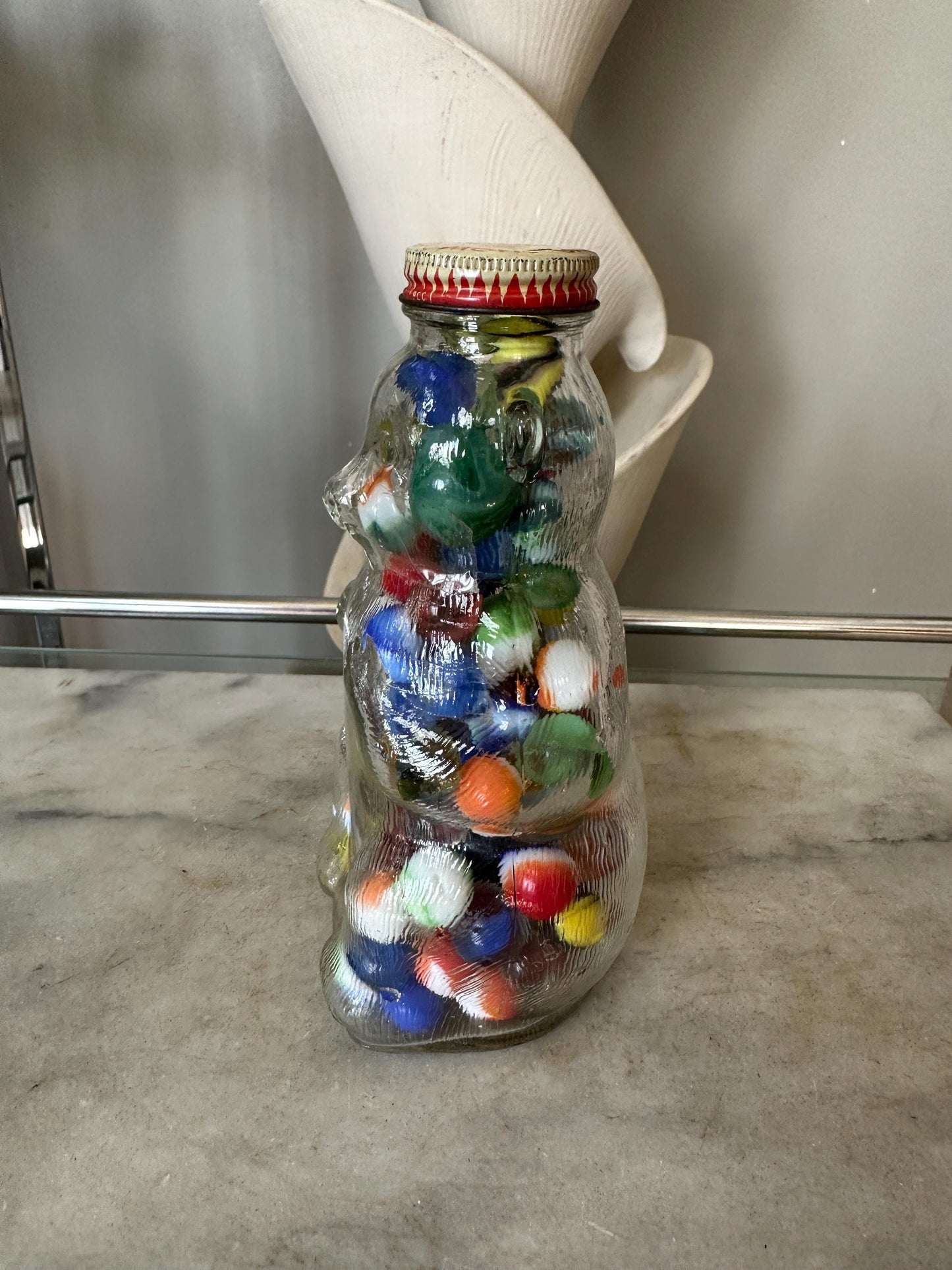 Vintage Snow Crest Bear Bottle Bank with Marbles – Salem, MA