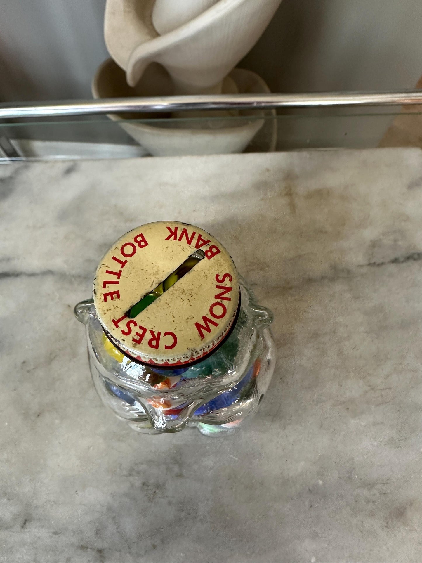 Vintage Snow Crest Bear Bottle Bank with Marbles – Salem, MA