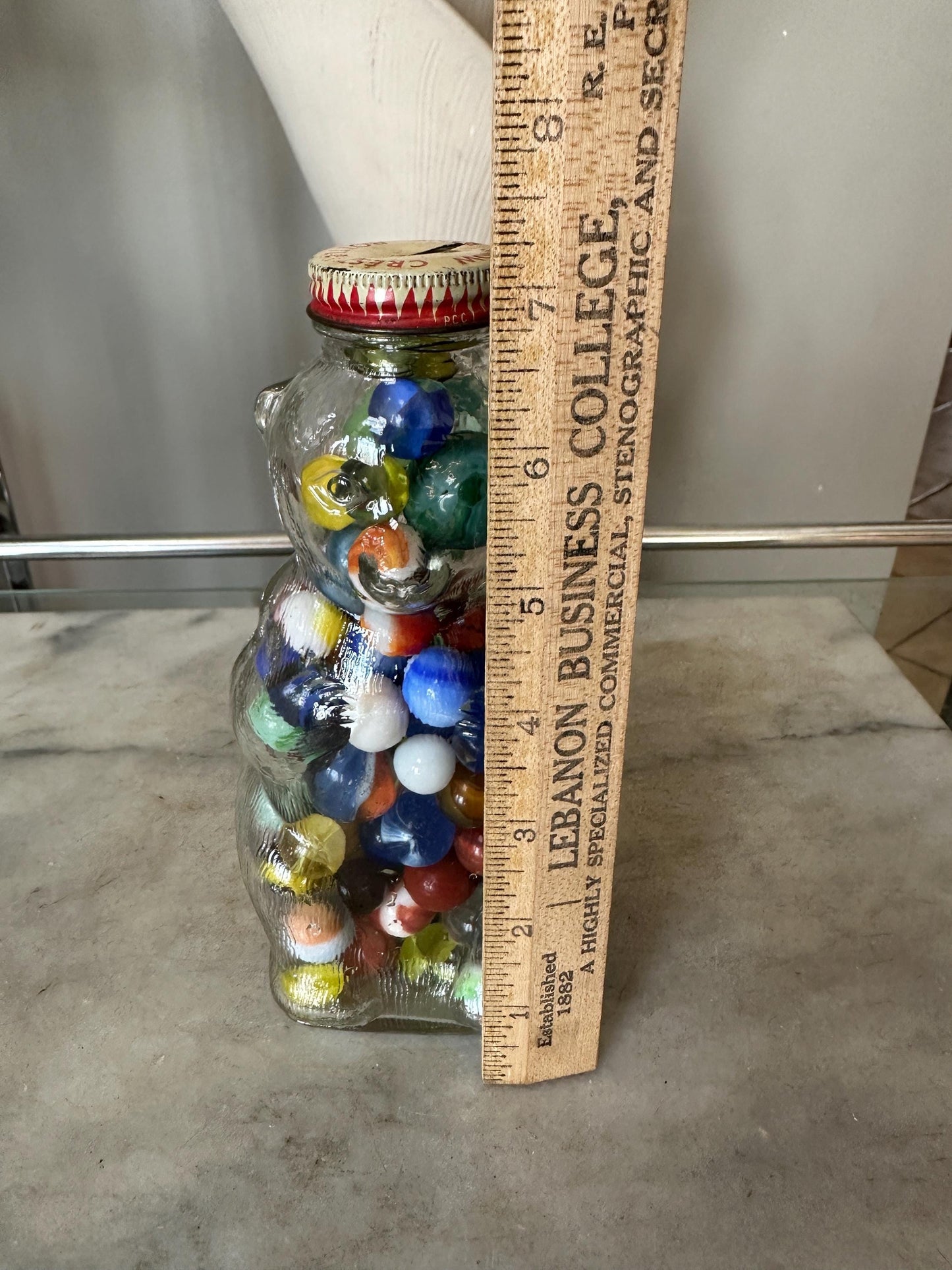 Vintage Snow Crest Bear Bottle Bank with Marbles – Salem, MA