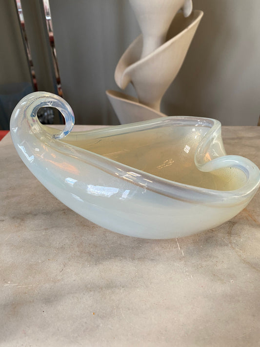 Vintage MCM Art Glass Bowl: White & Gold, Curled Handle (7.5” x 4”)