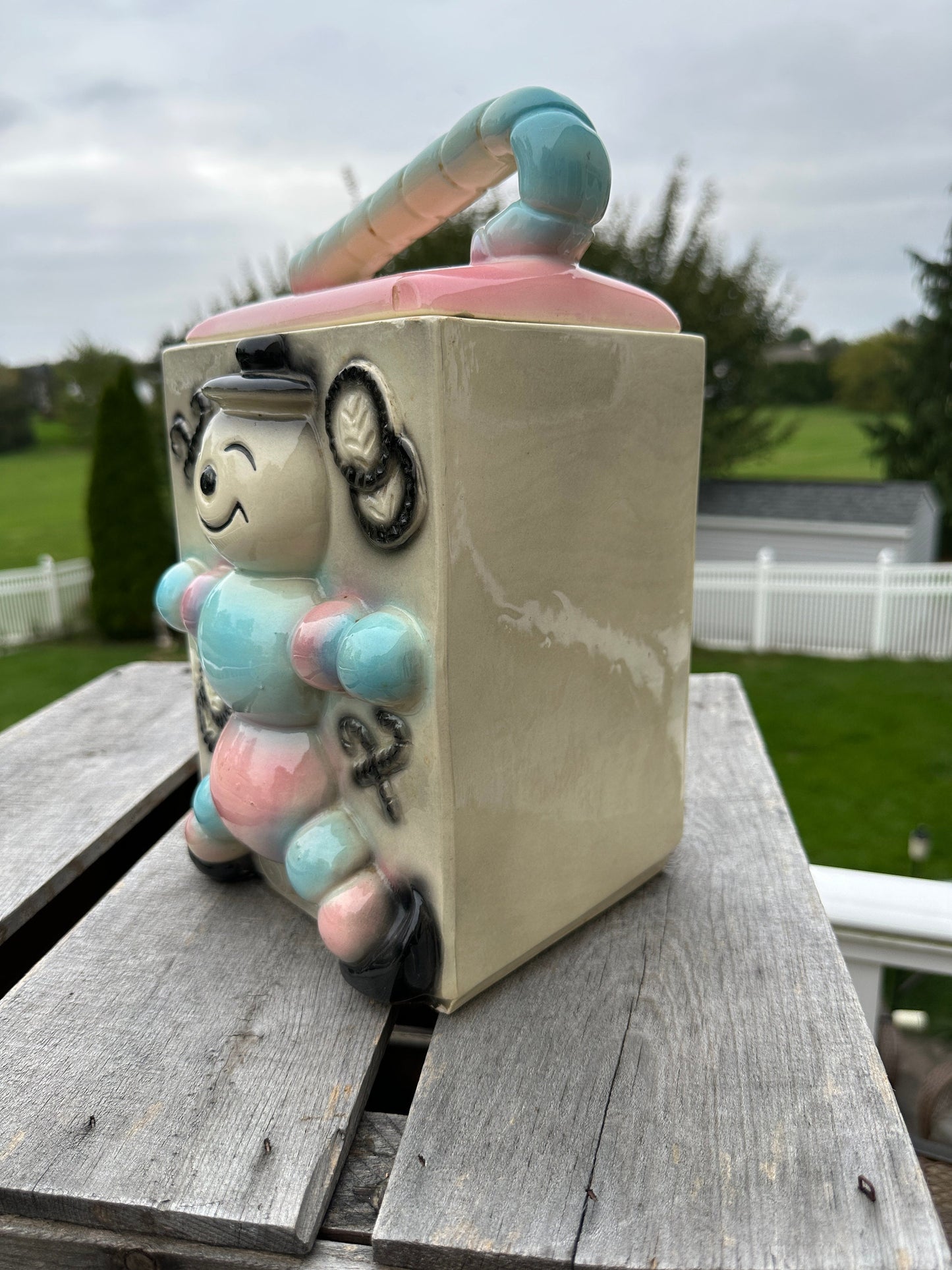 Vintage American Bisque Ugemach Candy Cane Baby Cookie Jar Blue Pink Gray Black