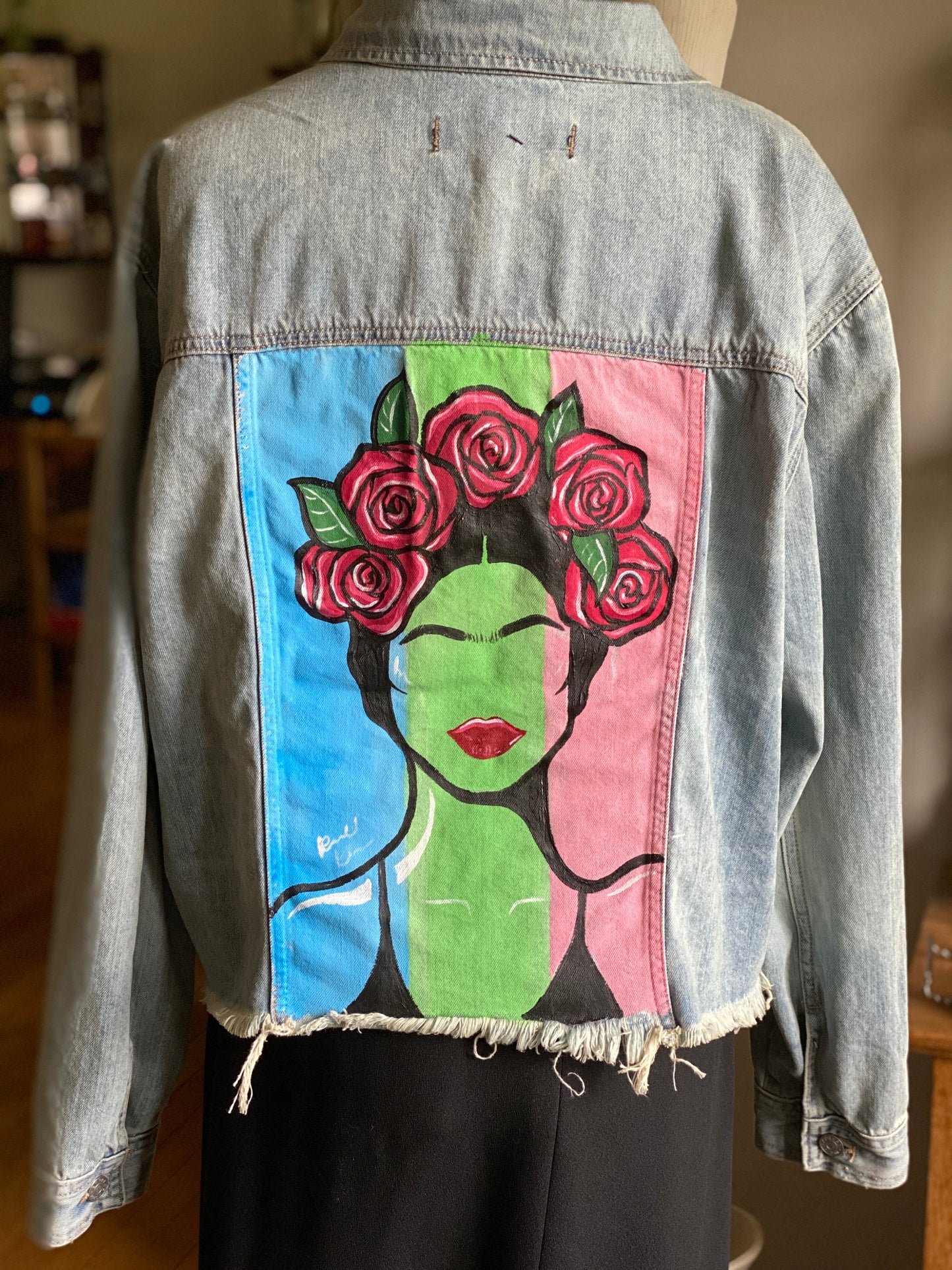 Hand-Painted Freida Kahlo Denim Jacket: Women's Street Art Clothing