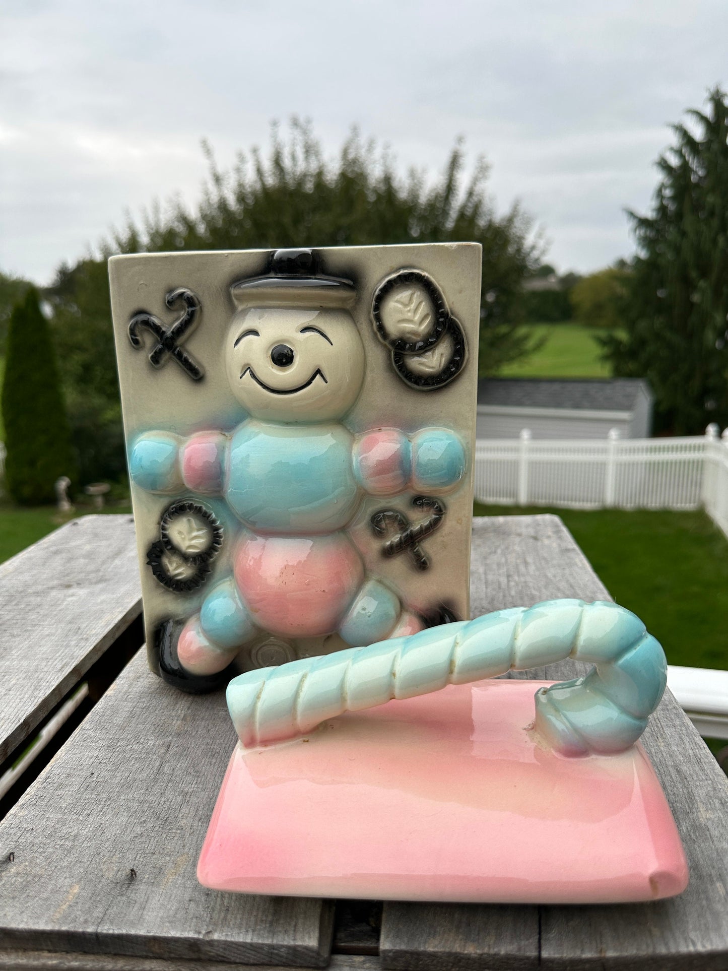 Vintage American Bisque Ugemach Candy Cane Baby Cookie Jar Blue Pink Gray Black