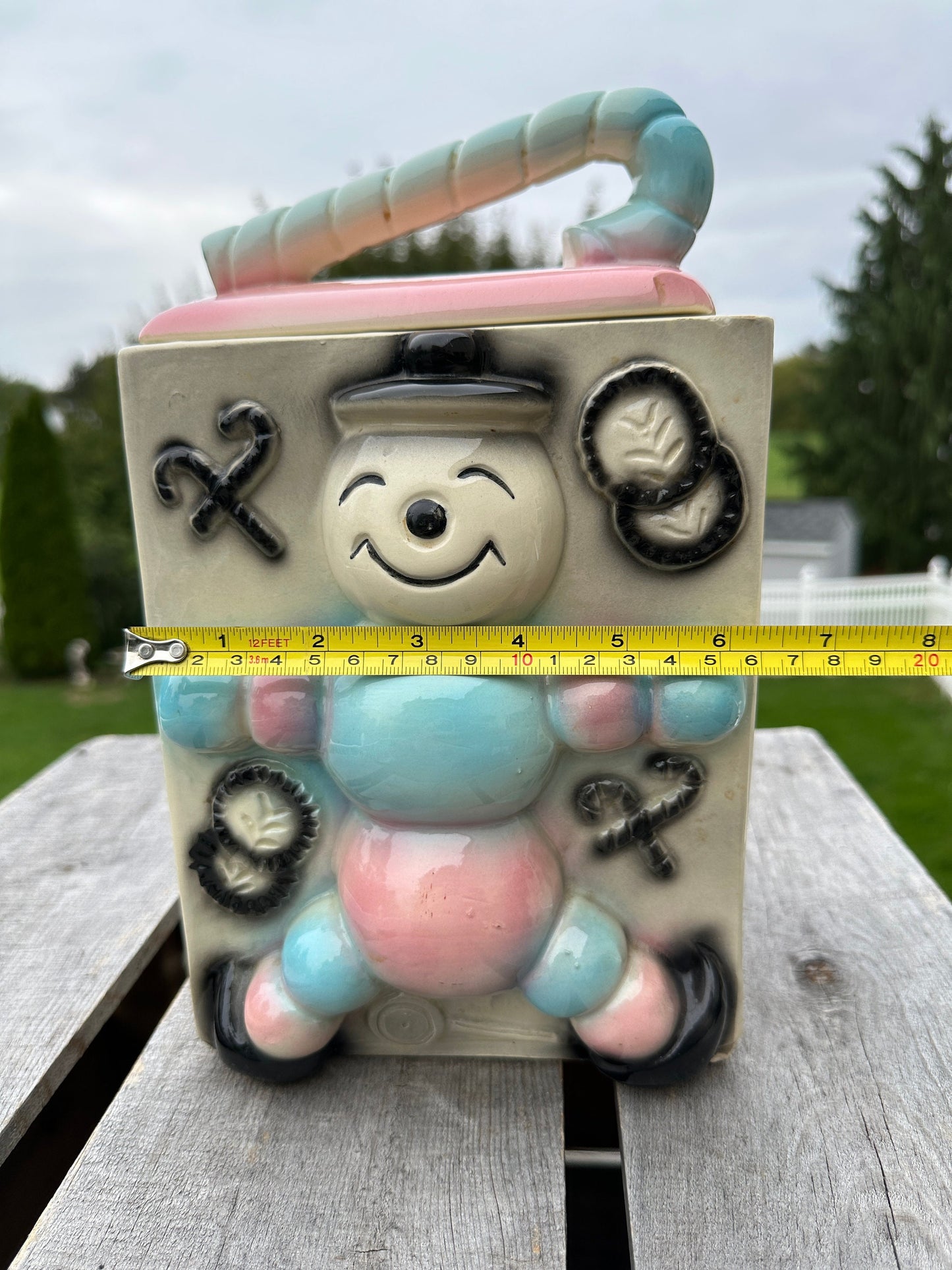 Vintage American Bisque Ugemach Candy Cane Baby Cookie Jar Blue Pink Gray Black