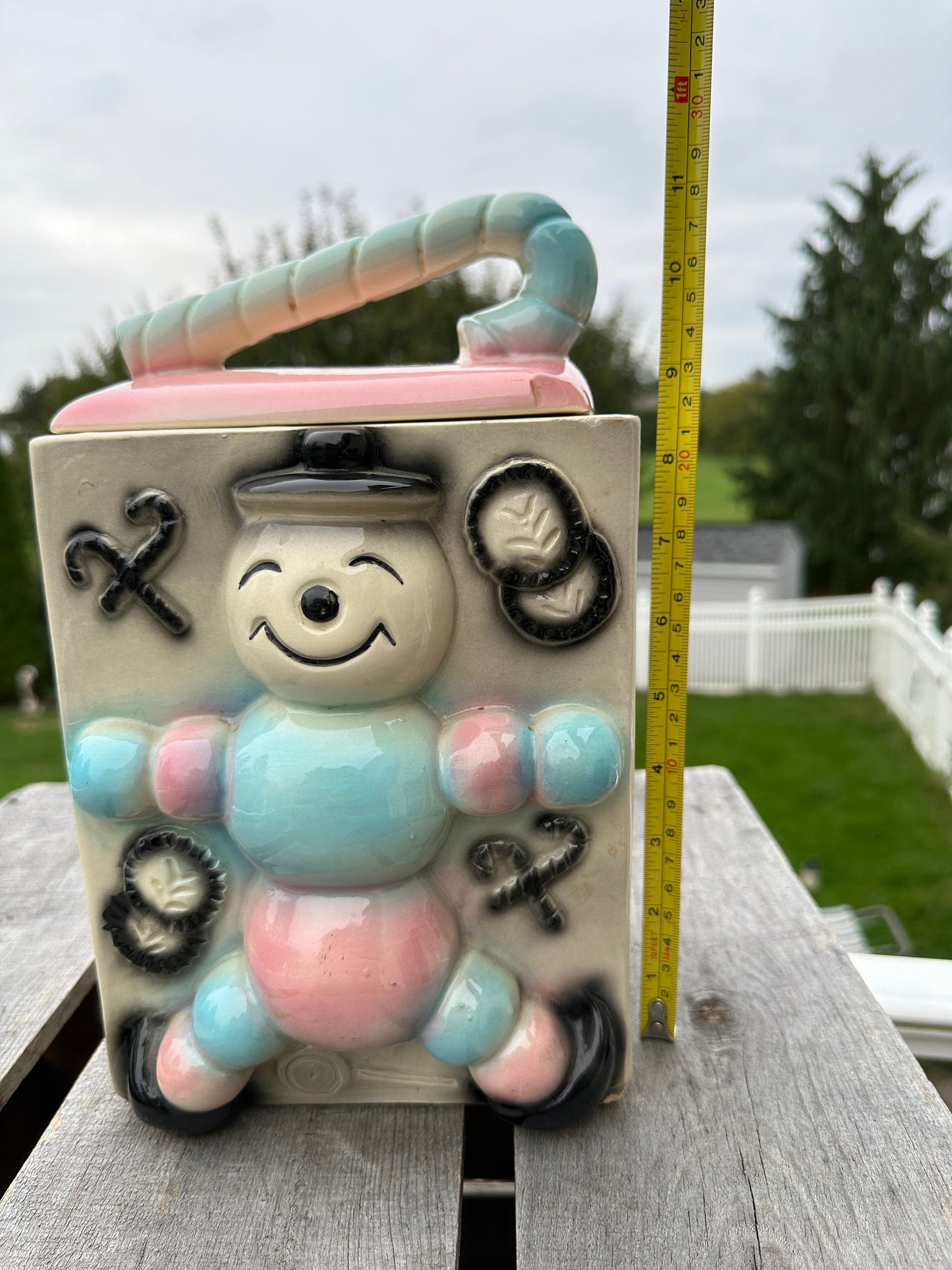 Vintage American Bisque Ugemach Candy Cane Baby Cookie Jar Blue Pink Gray Black