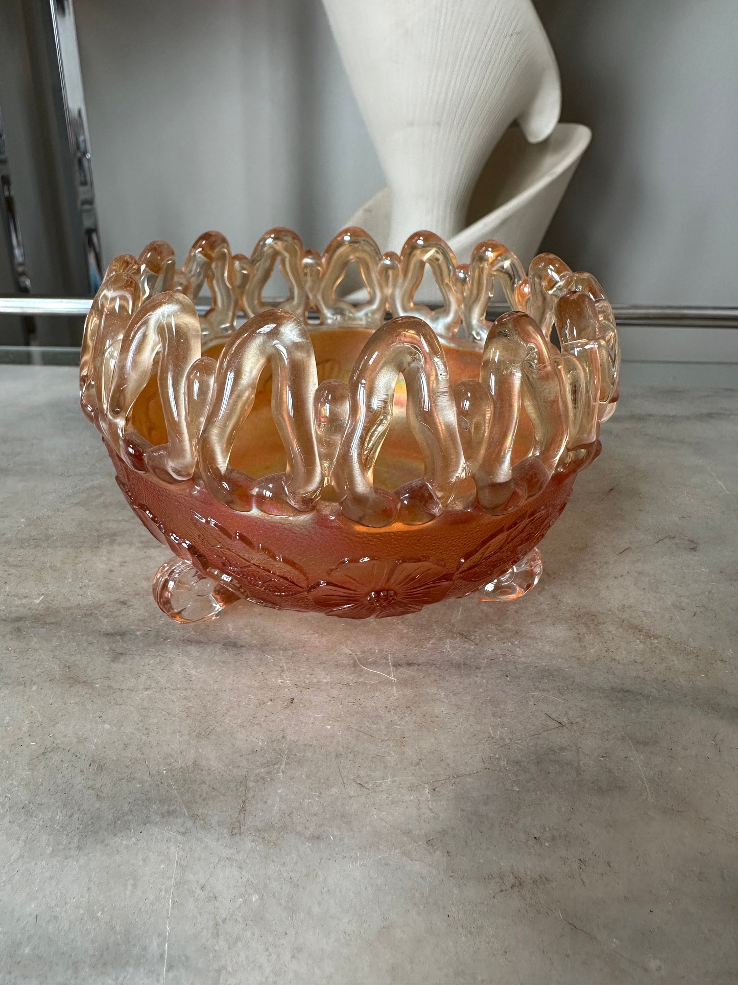 Antique Northwood Marigold Carnival Glass Rose Bowl: Wild Rose, Open Edge, Three Footed