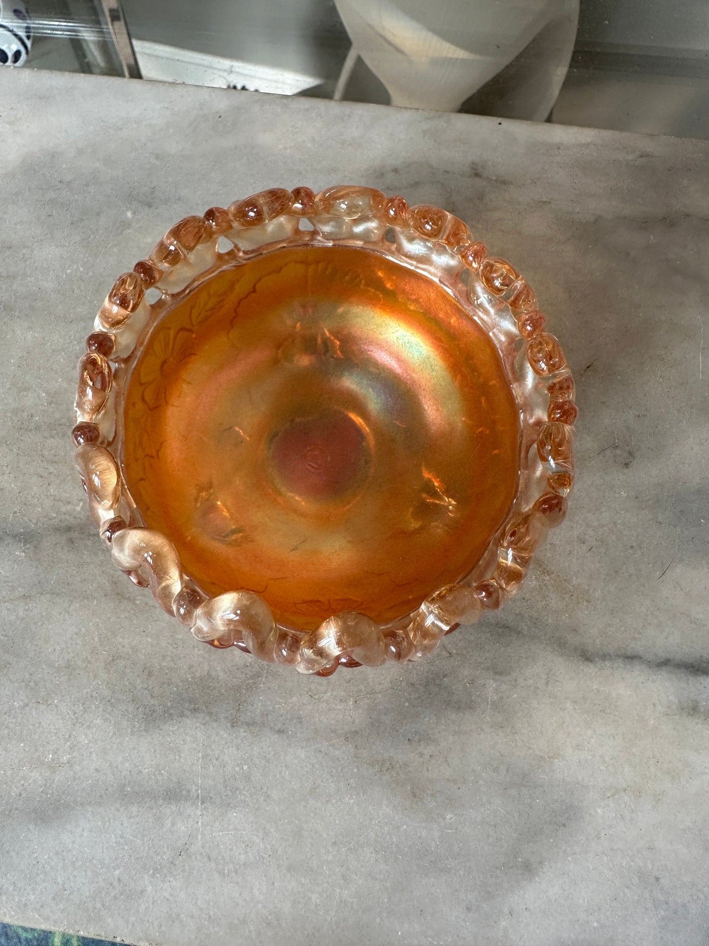 Antique Northwood Marigold Carnival Glass Rose Bowl: Wild Rose, Open Edge, Three Footed