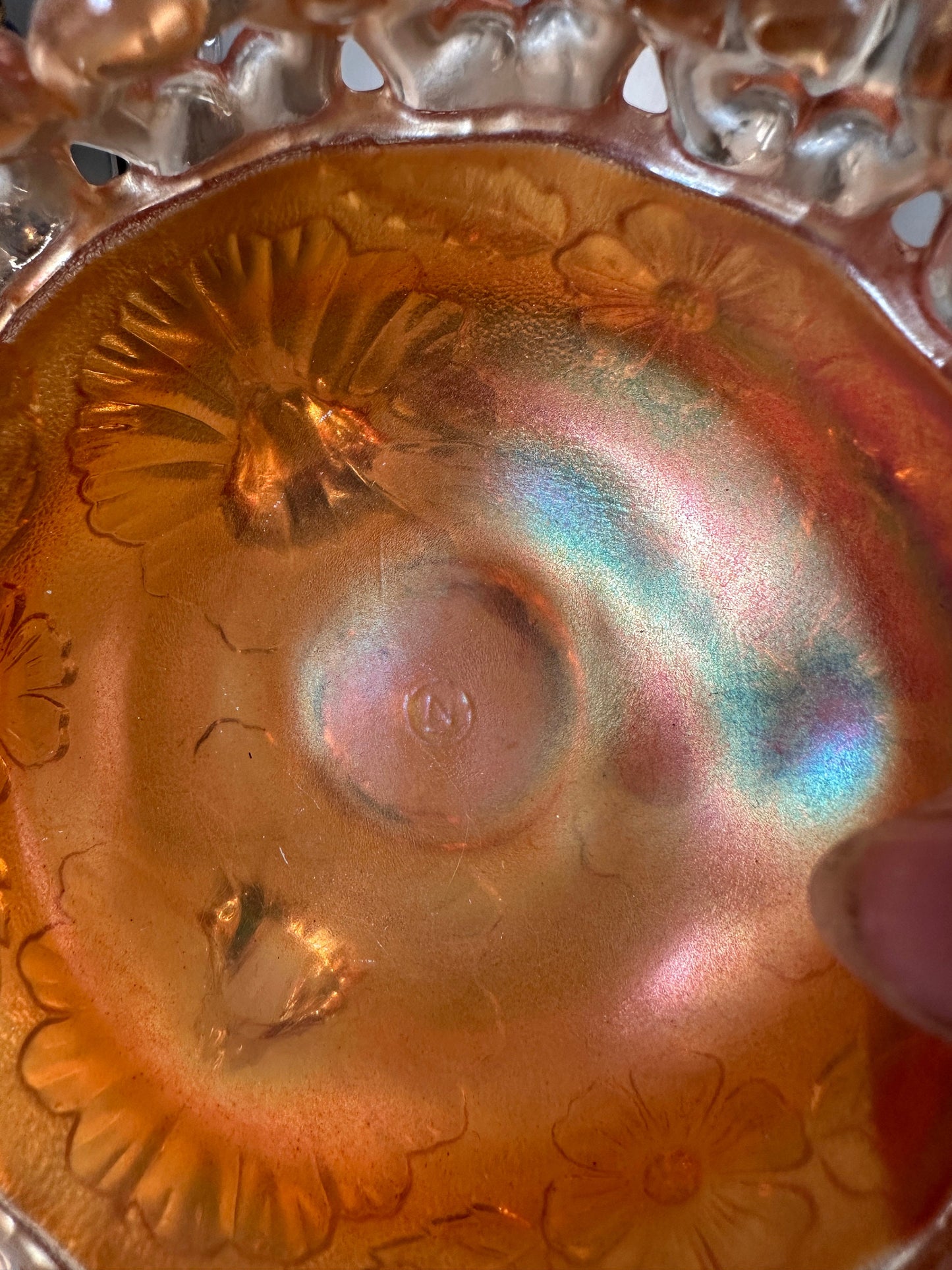 Antique Northwood Marigold Carnival Glass Rose Bowl: Wild Rose, Open Edge, Three Footed