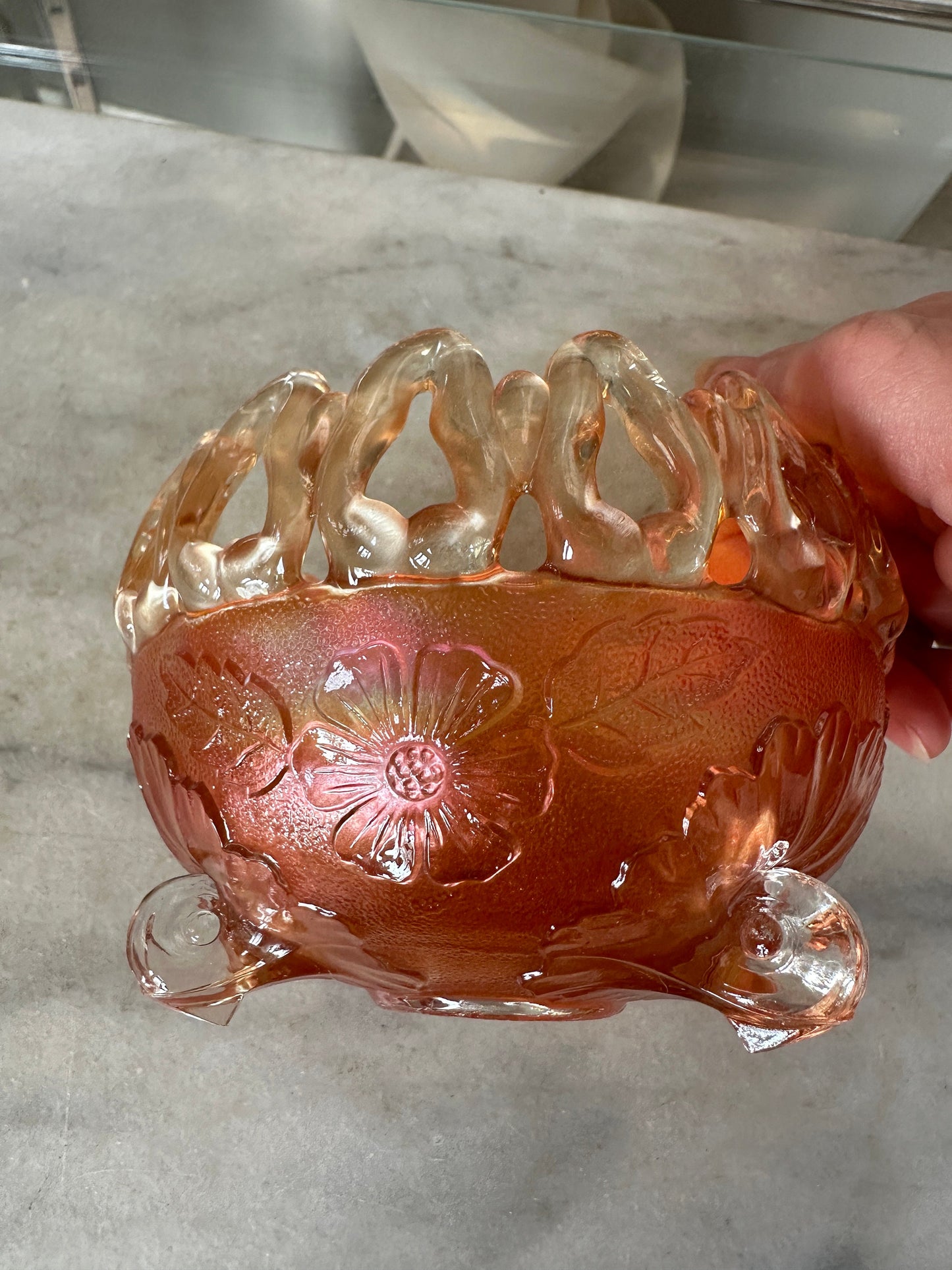 Antique Northwood Marigold Carnival Glass Rose Bowl: Wild Rose, Open Edge, Three Footed