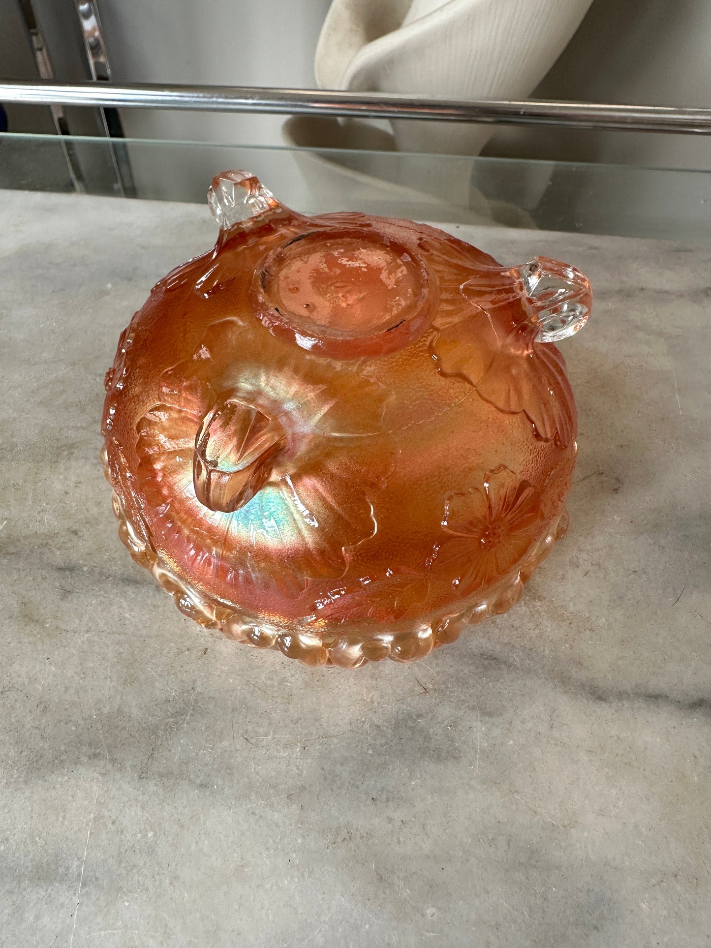 Antique Northwood Marigold Carnival Glass Rose Bowl: Wild Rose, Open Edge, Three Footed